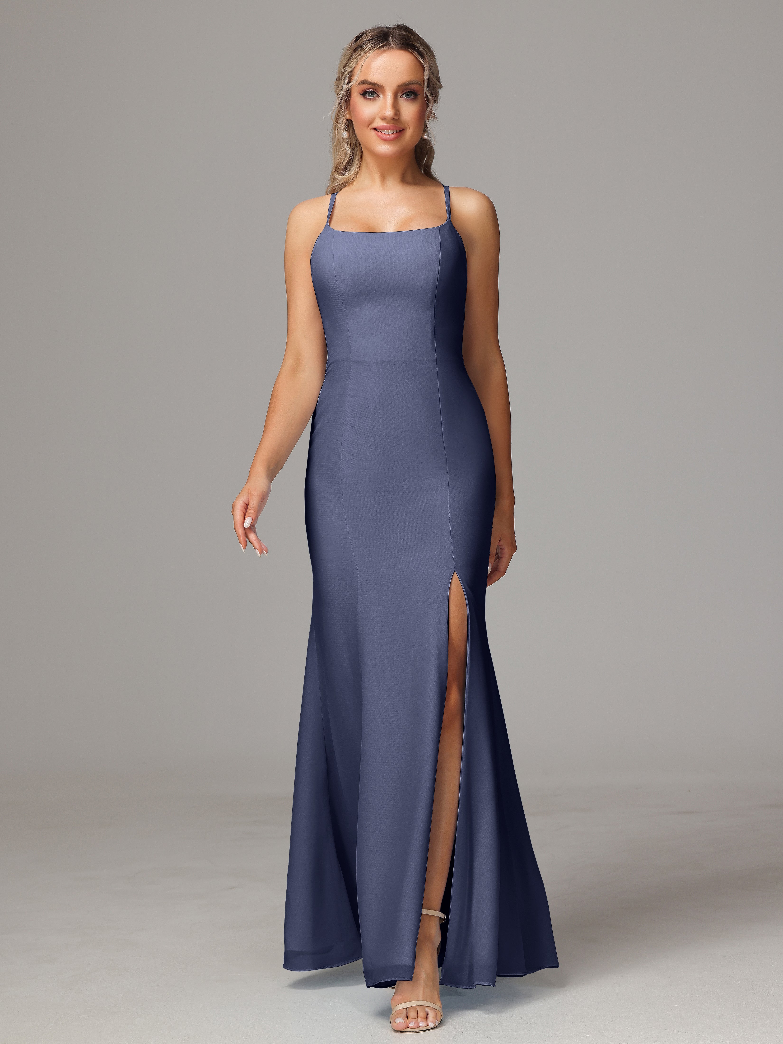 Spaghetti Straps Cross Back Chiffon Bridesmaid Dress