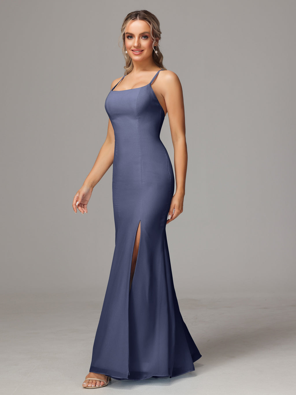 Spaghetti Straps Cross Back Chiffon Bridesmaid Dress