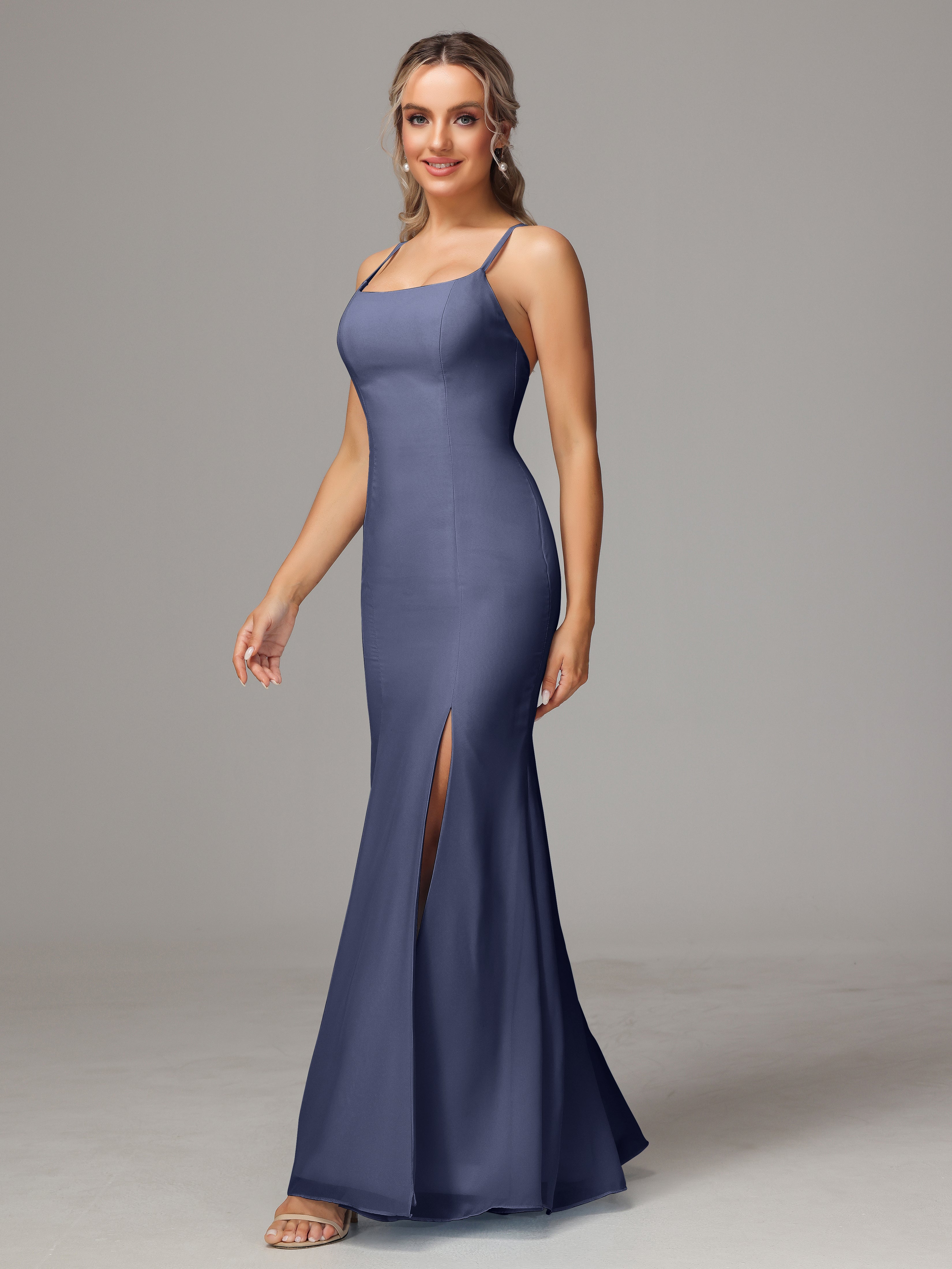 Spaghetti Straps Cross Back Chiffon Bridesmaid Dress