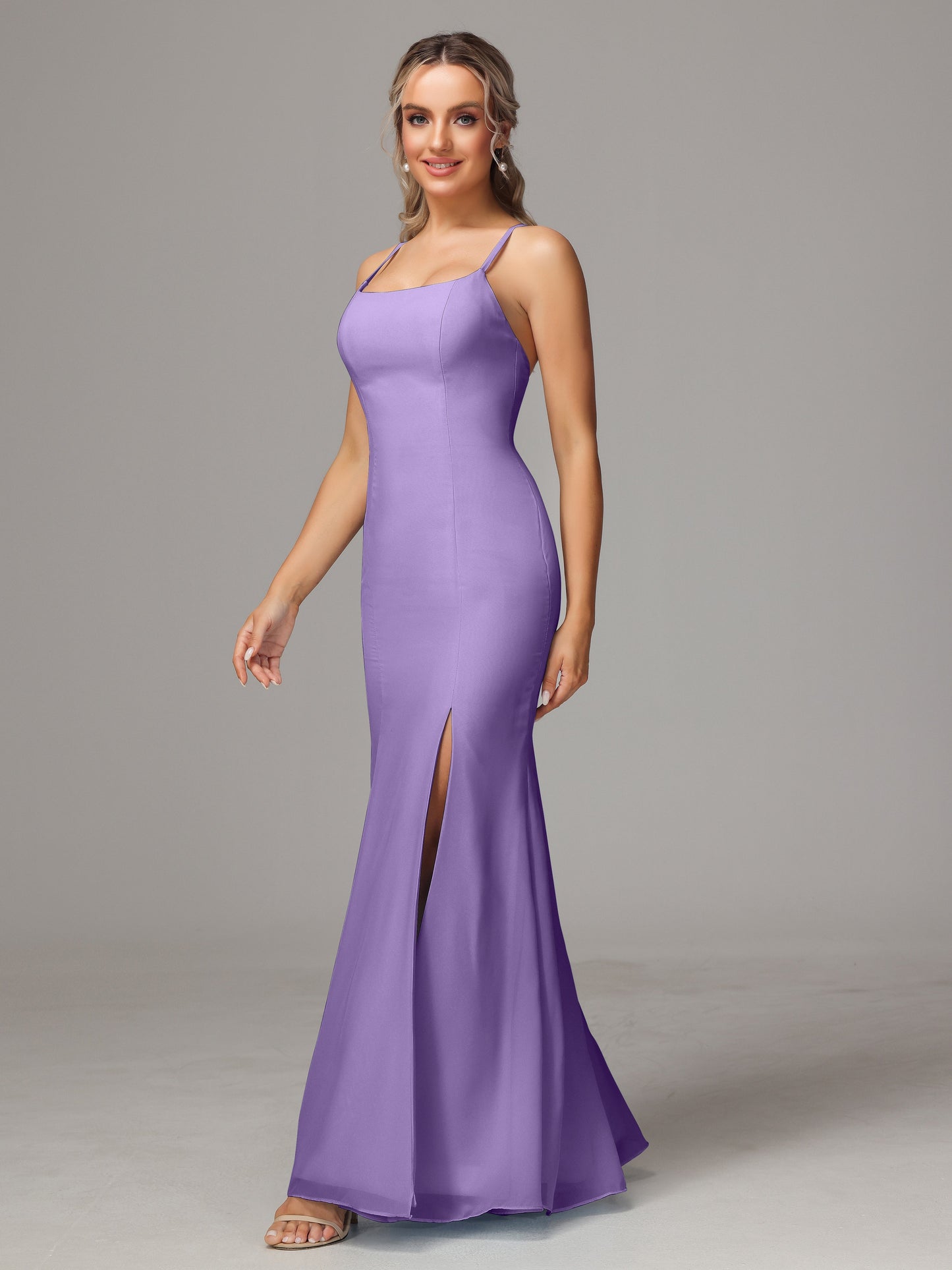 Spaghetti Straps Cross Back Chiffon Bridesmaid Dress