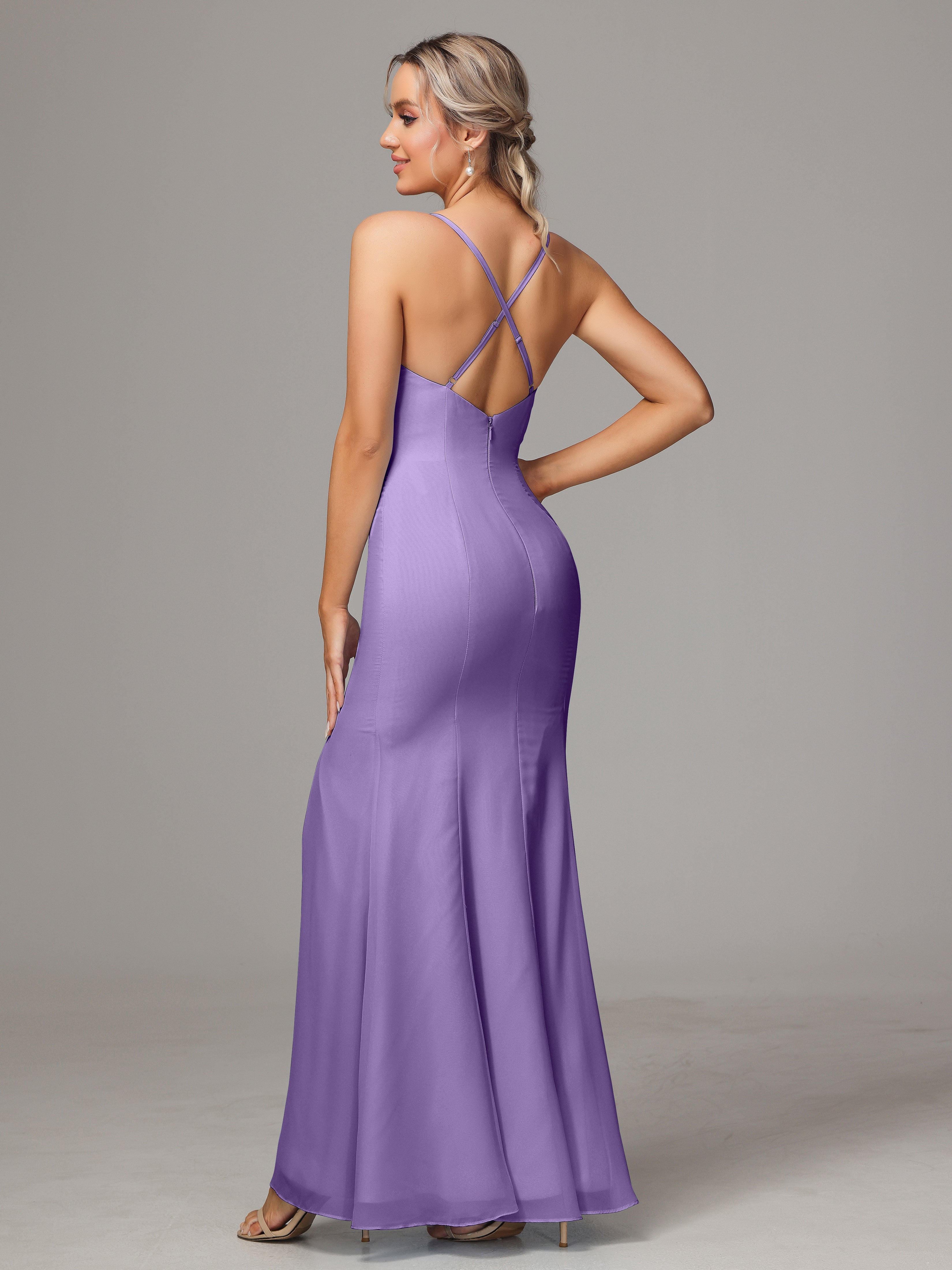Spaghetti Straps Cross Back Chiffon Bridesmaid Dress