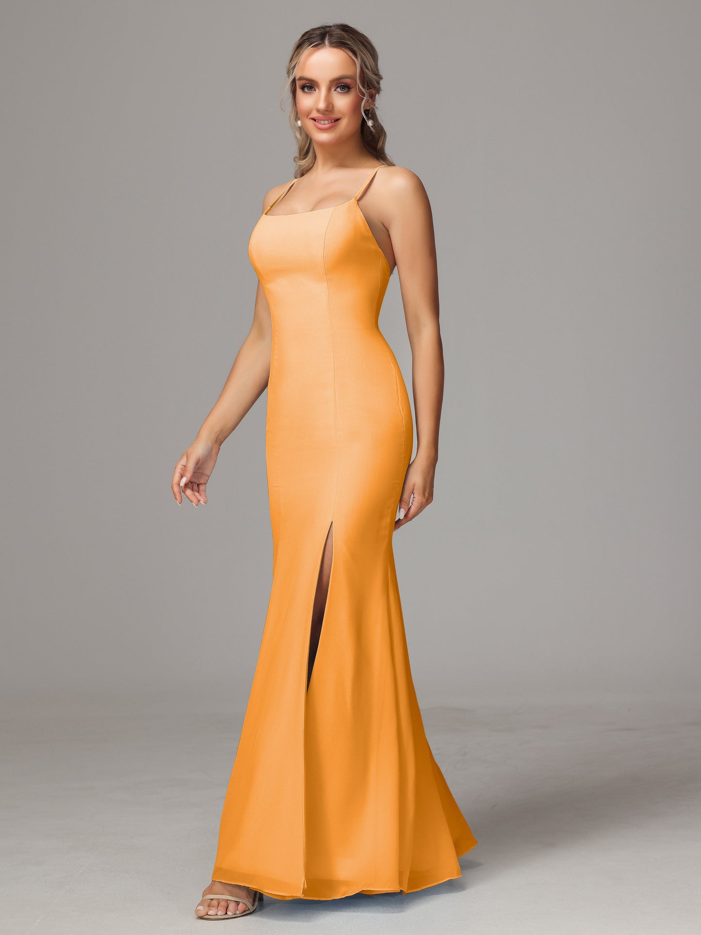 Spaghetti Straps Cross Back Chiffon Bridesmaid Dress