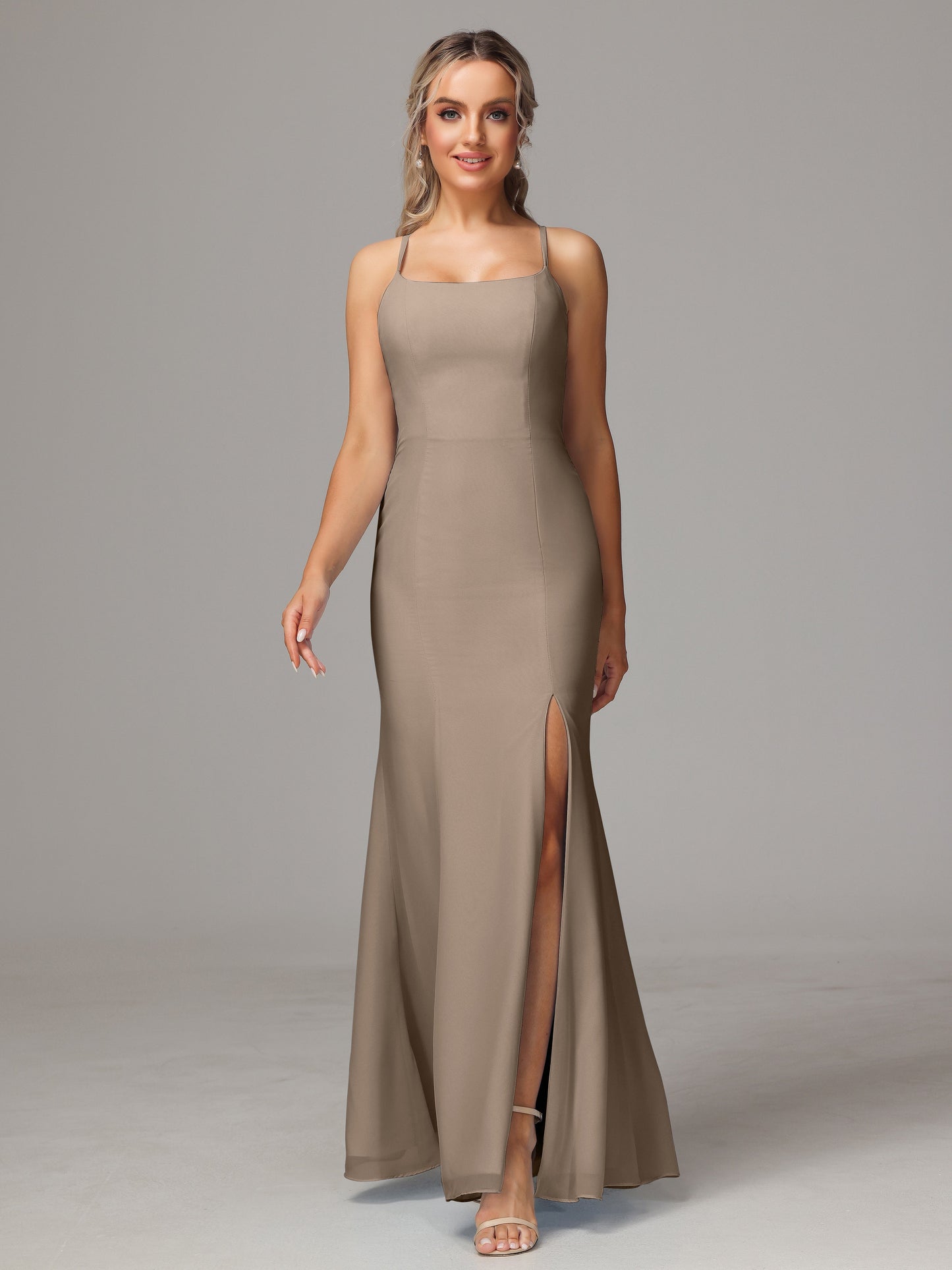 Spaghetti Straps Cross Back Chiffon Bridesmaid Dress