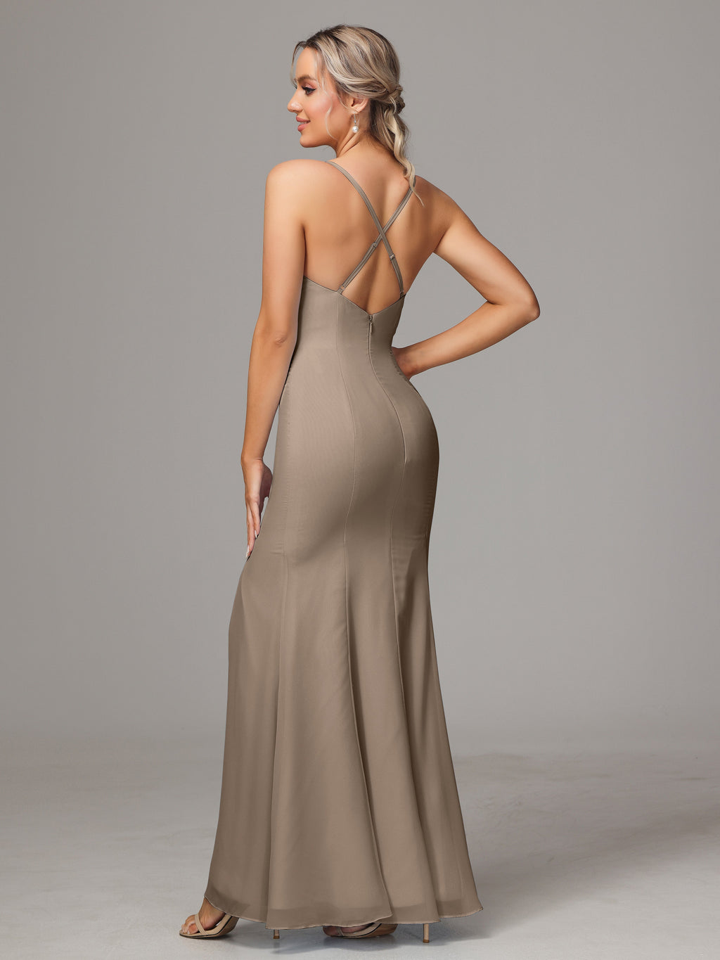 Spaghetti Straps Cross Back Chiffon Bridesmaid Dress