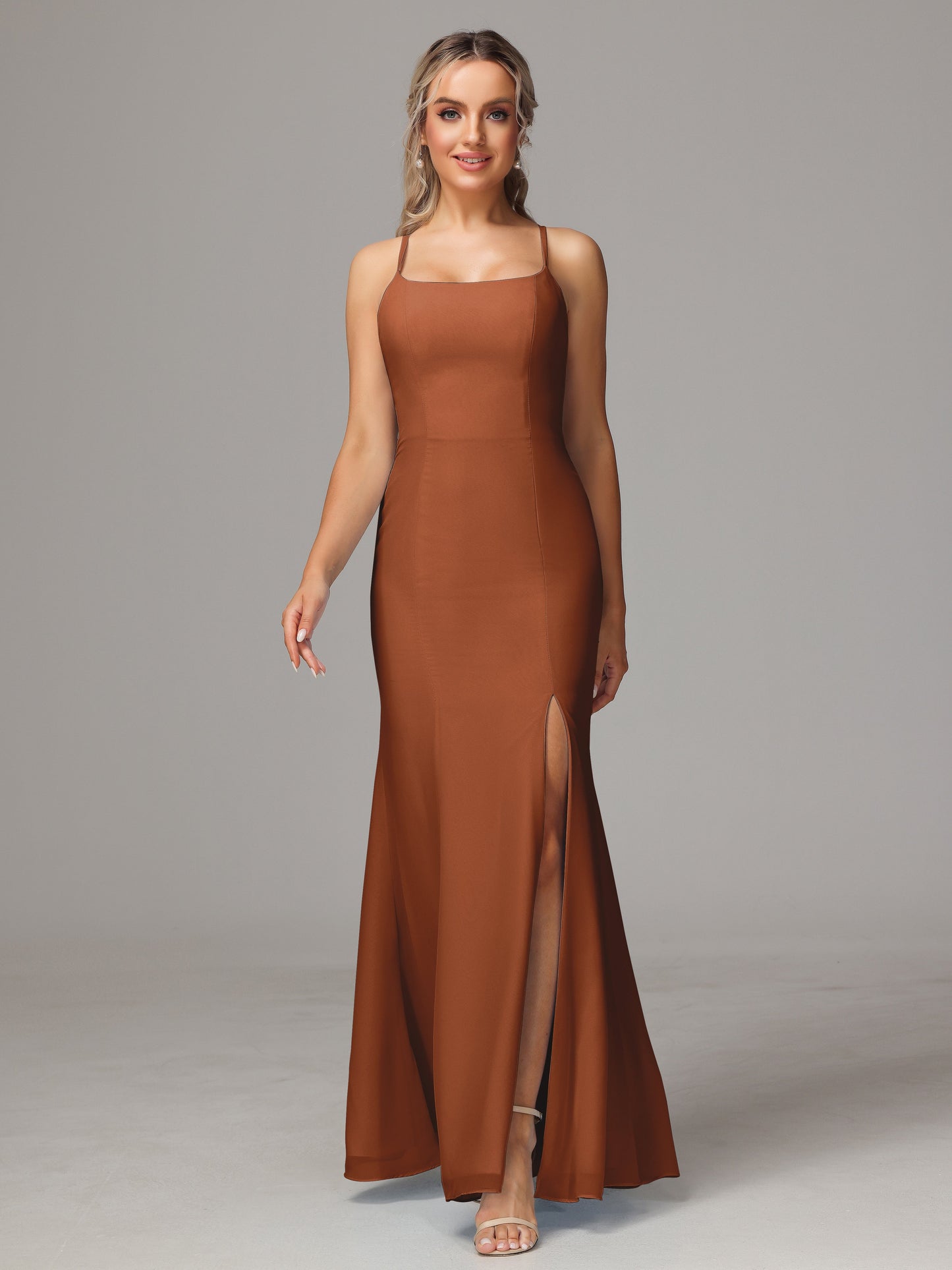 Spaghetti Straps Cross Back Chiffon Bridesmaid Dress