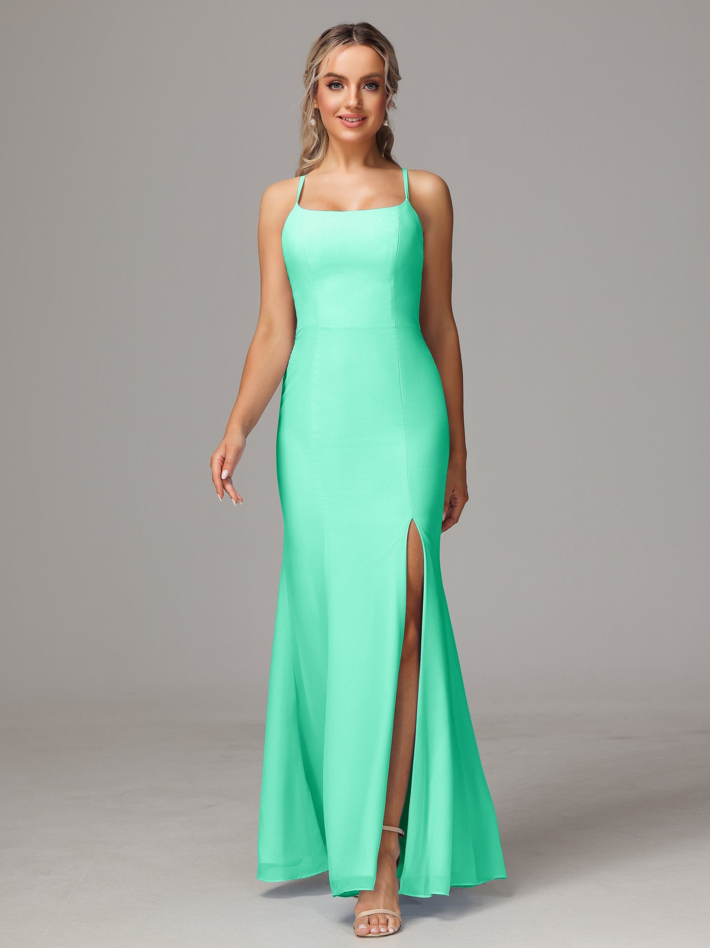 Spaghetti Straps Cross Back Chiffon Bridesmaid Dress