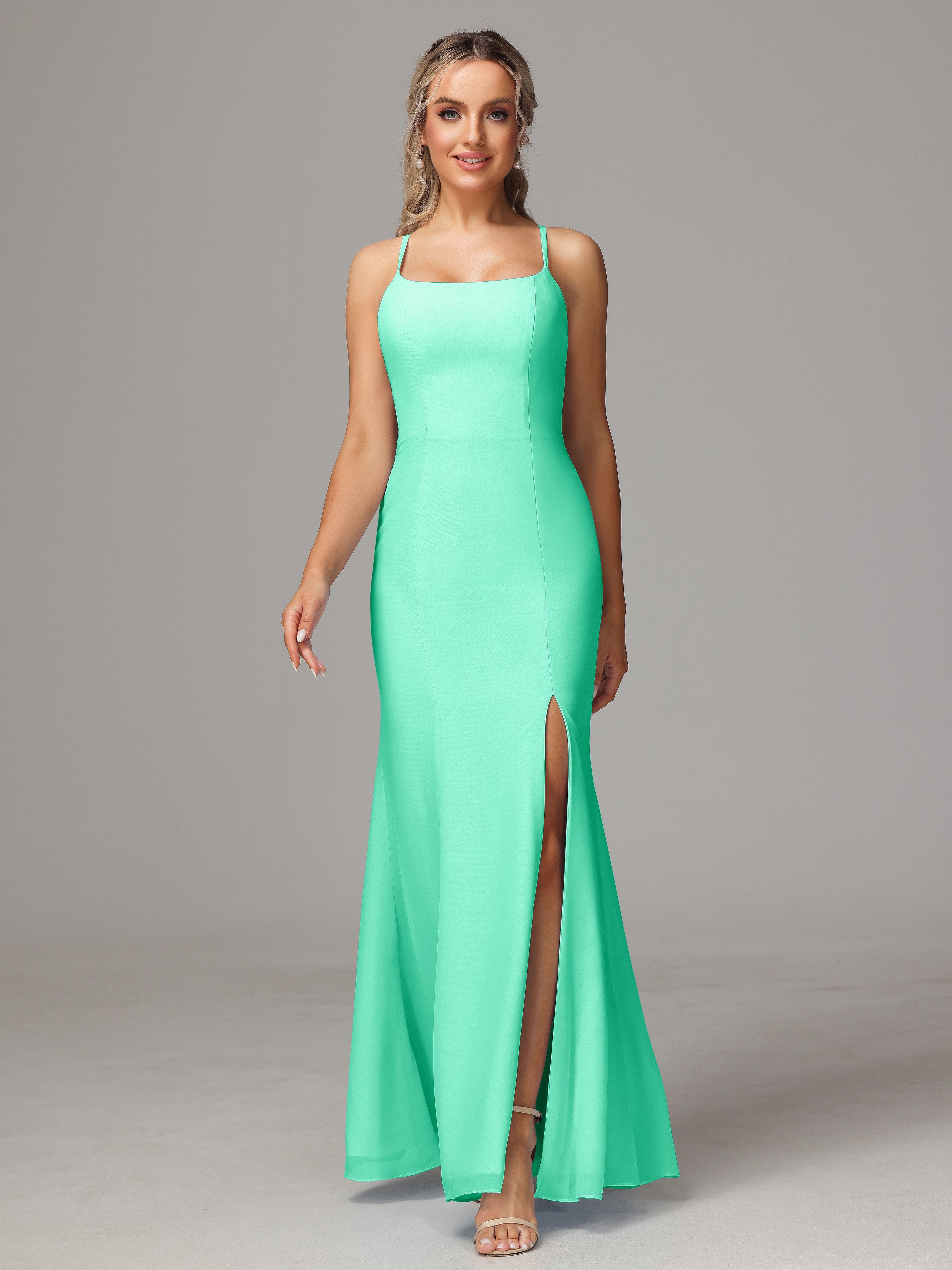 Spaghetti Straps Cross Back Chiffon Bridesmaid Dress