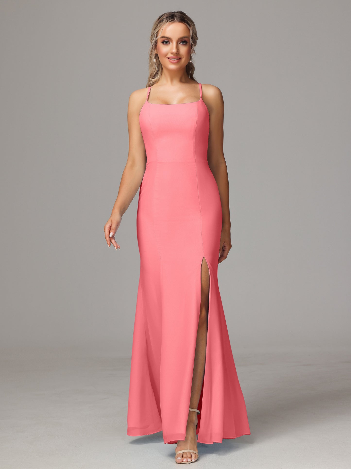 Spaghetti Straps Cross Back Chiffon Bridesmaid Dress