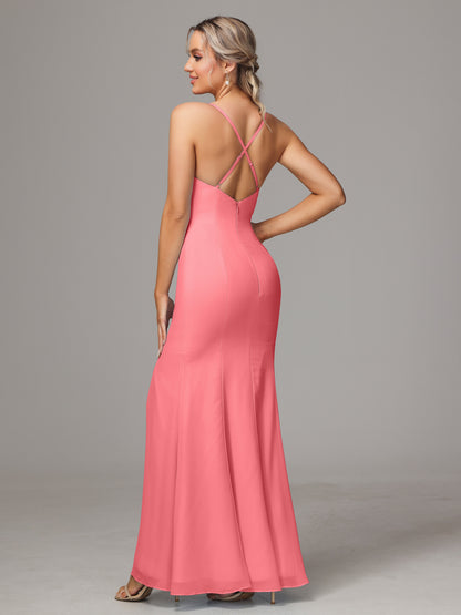 Spaghetti Straps Cross Back Chiffon Bridesmaid Dress