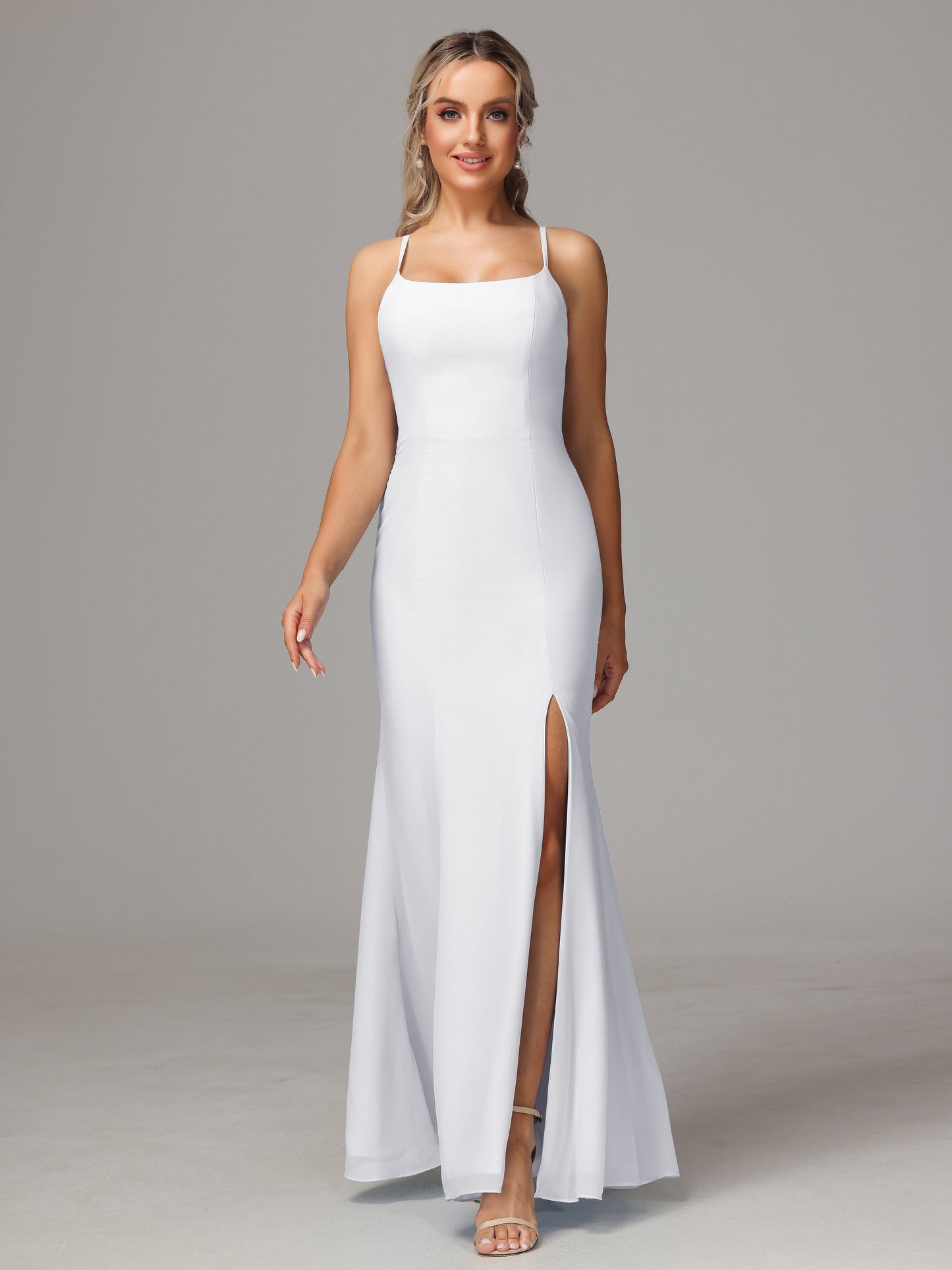 Spaghetti Straps Cross Back Chiffon Bridesmaid Dress