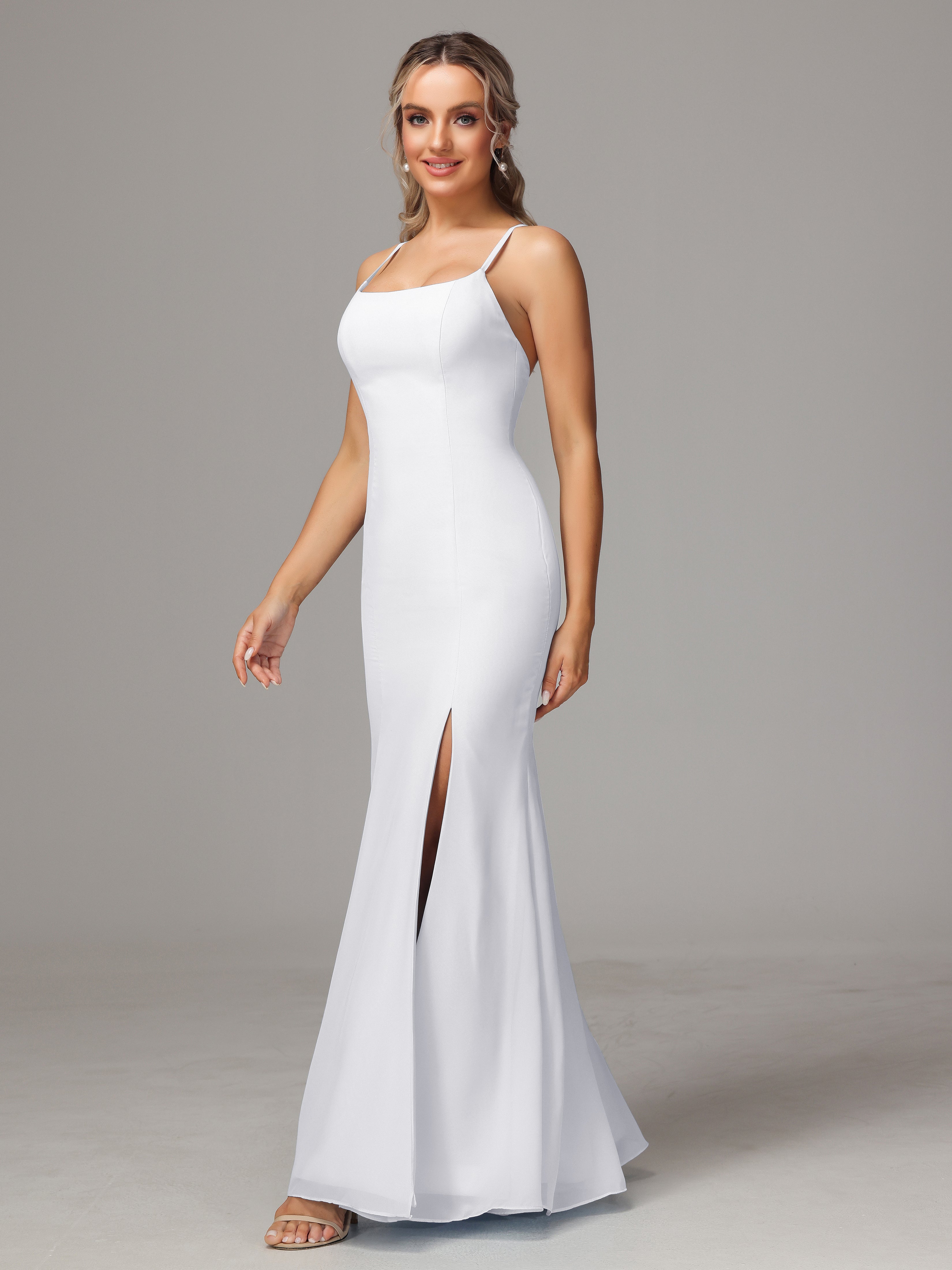 Spaghetti Straps Cross Back Chiffon Bridesmaid Dress