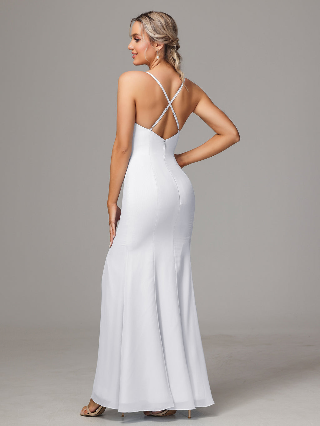 Spaghetti Straps Cross Back Chiffon Bridesmaid Dress