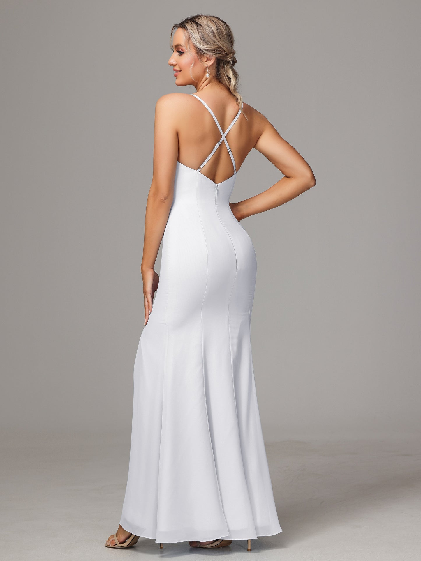 Spaghetti Straps Cross Back Chiffon Bridesmaid Dress