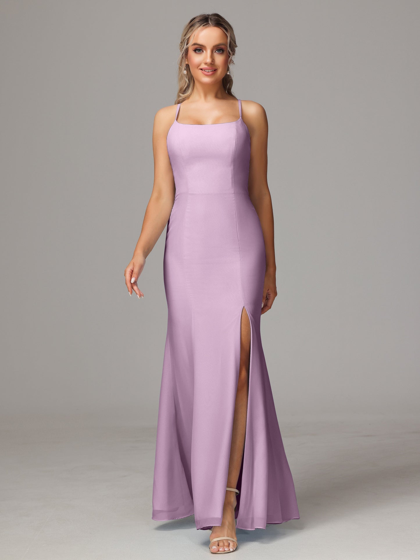 Spaghetti Straps Cross Back Chiffon Bridesmaid Dress
