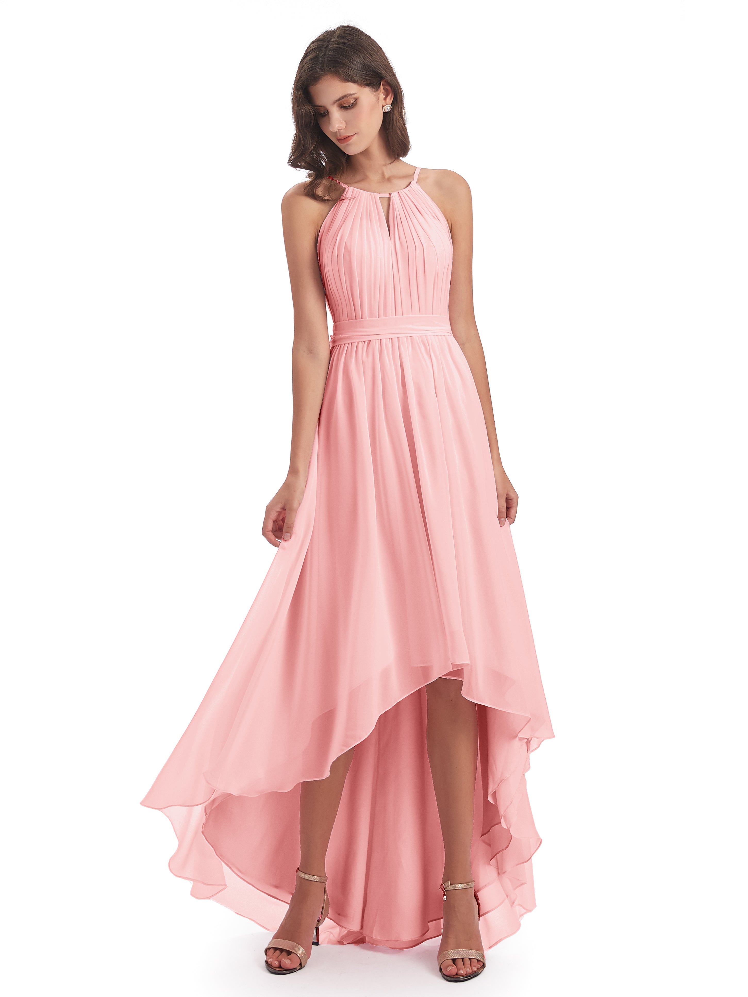 Oaklee Asymmetrical High Low Halter Chiffon Bridesmaid Dresses