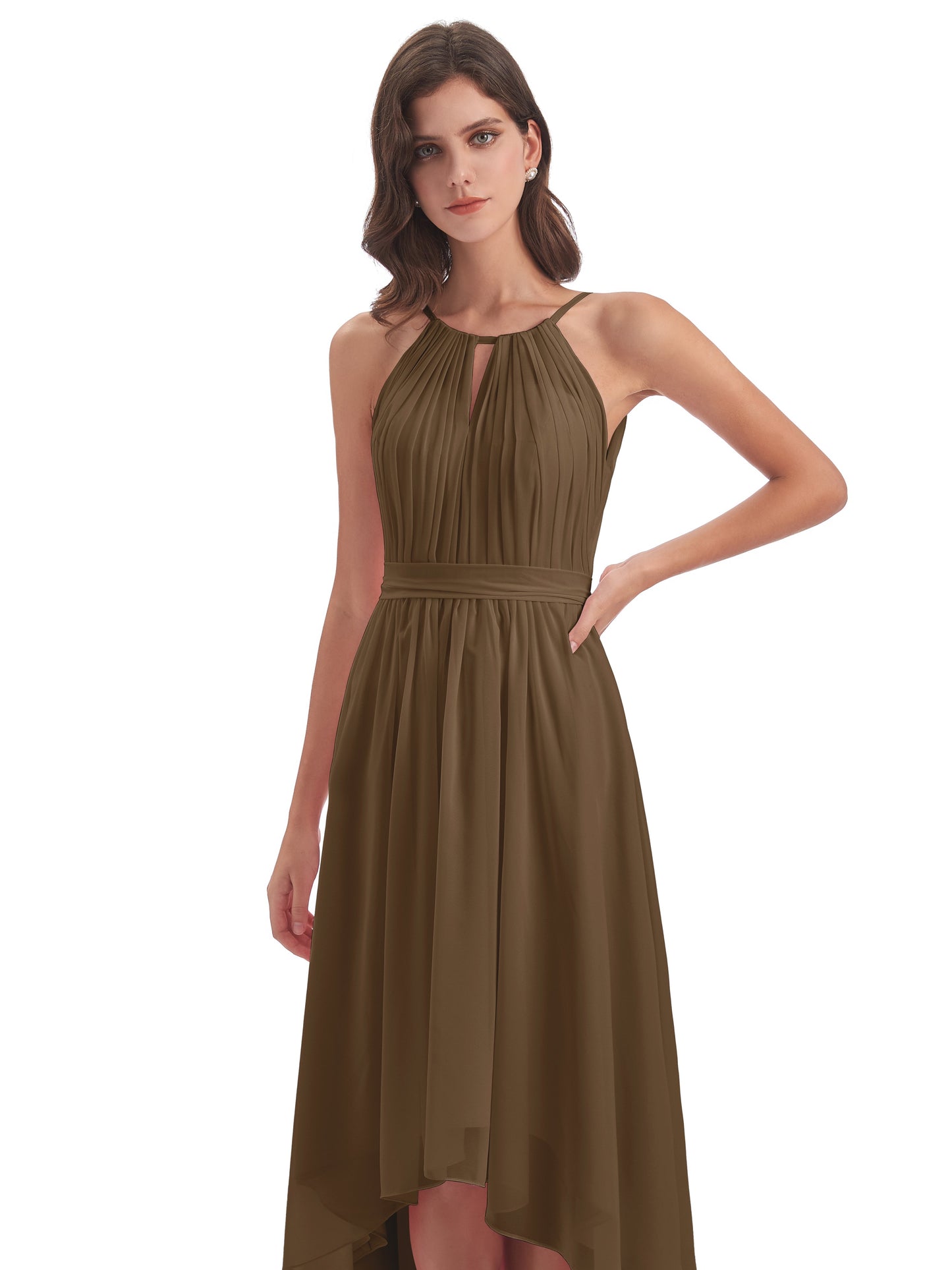 Oaklee Asymmetrical High Low Halter Chiffon Bridesmaid Dresses