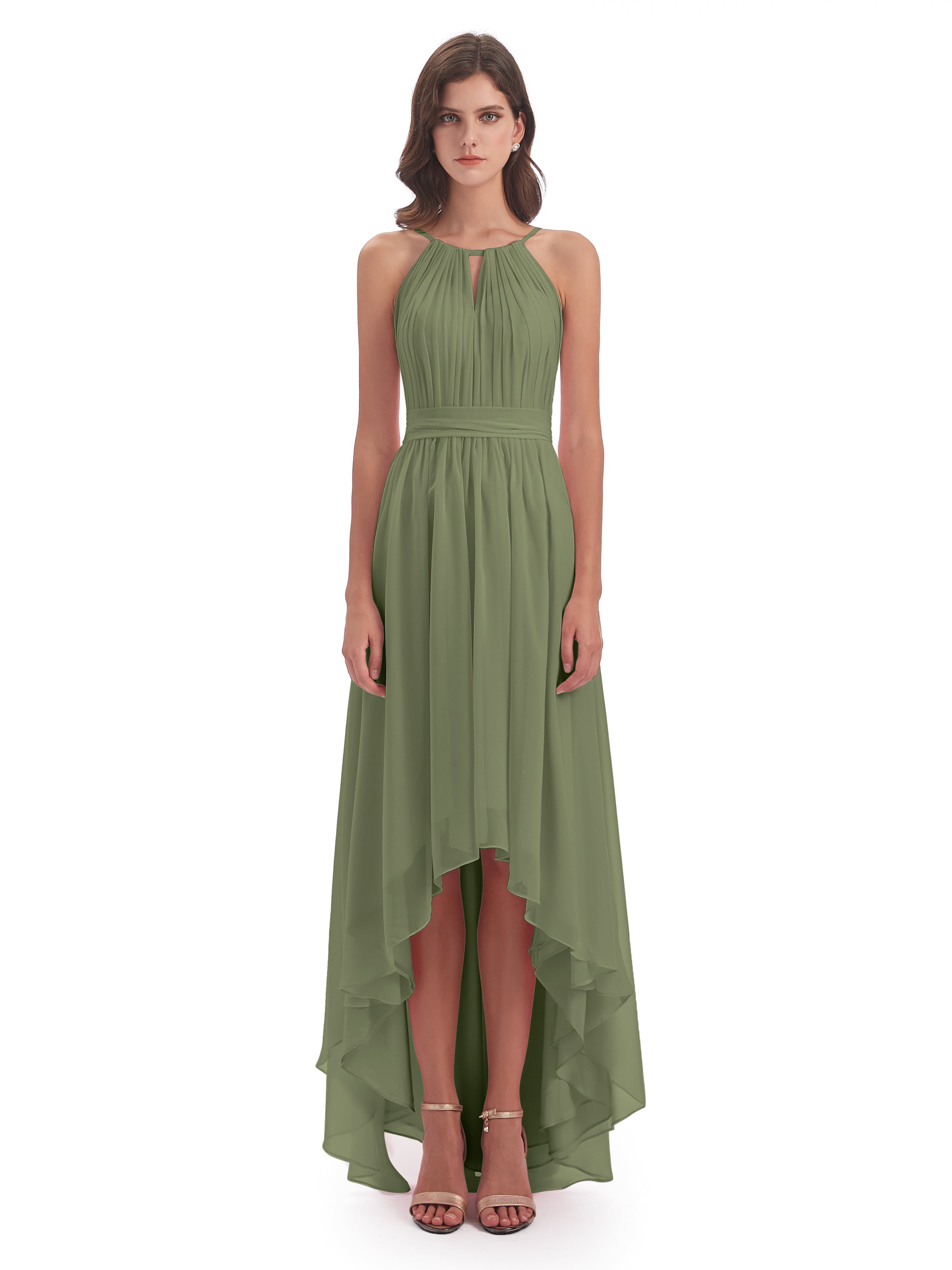 Oaklee Asymmetrical High Low Halter Chiffon Bridesmaid Dresses