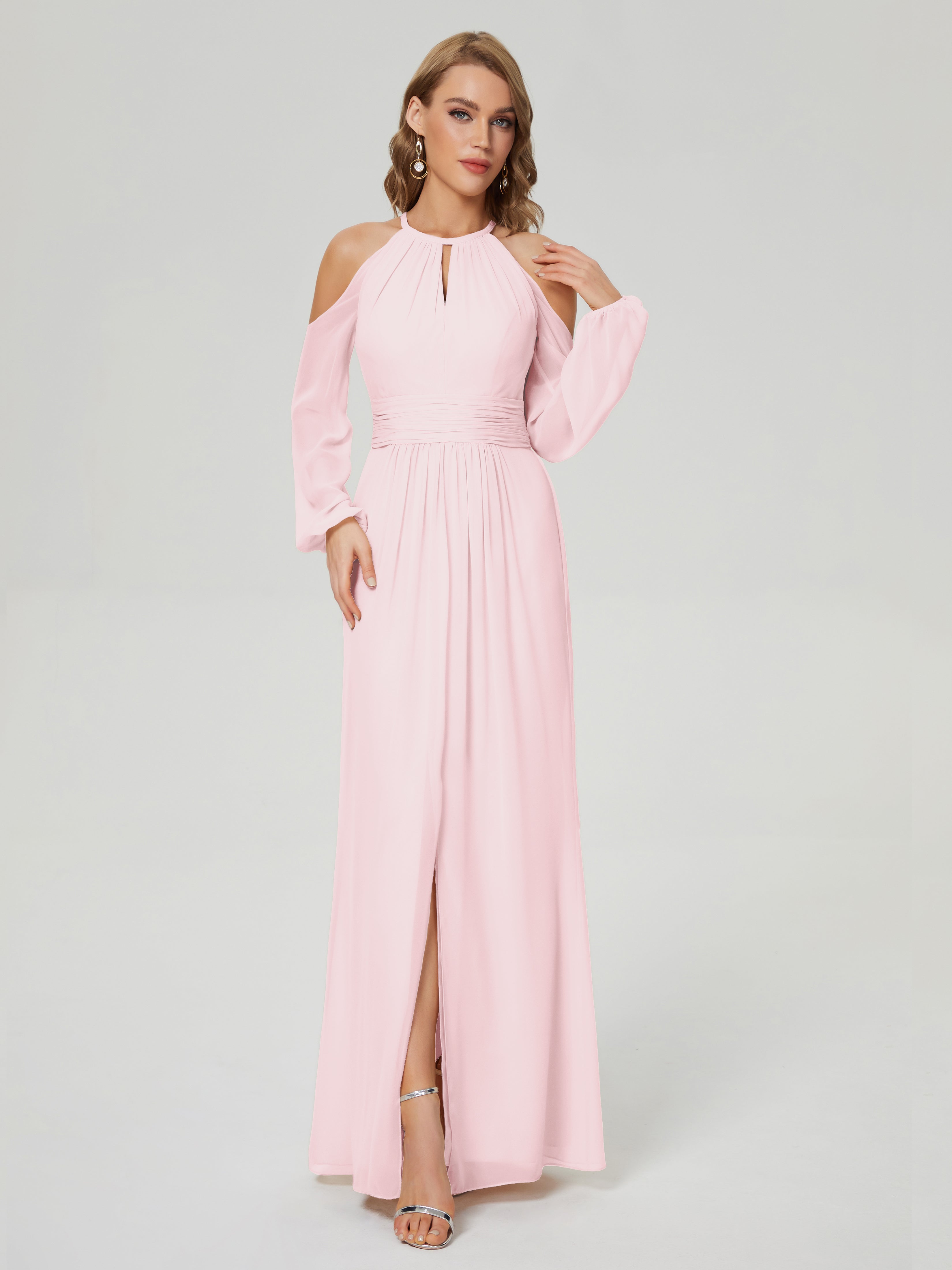 Phoebe Long Sleeves Column Chiffon Bridesmaid Dress