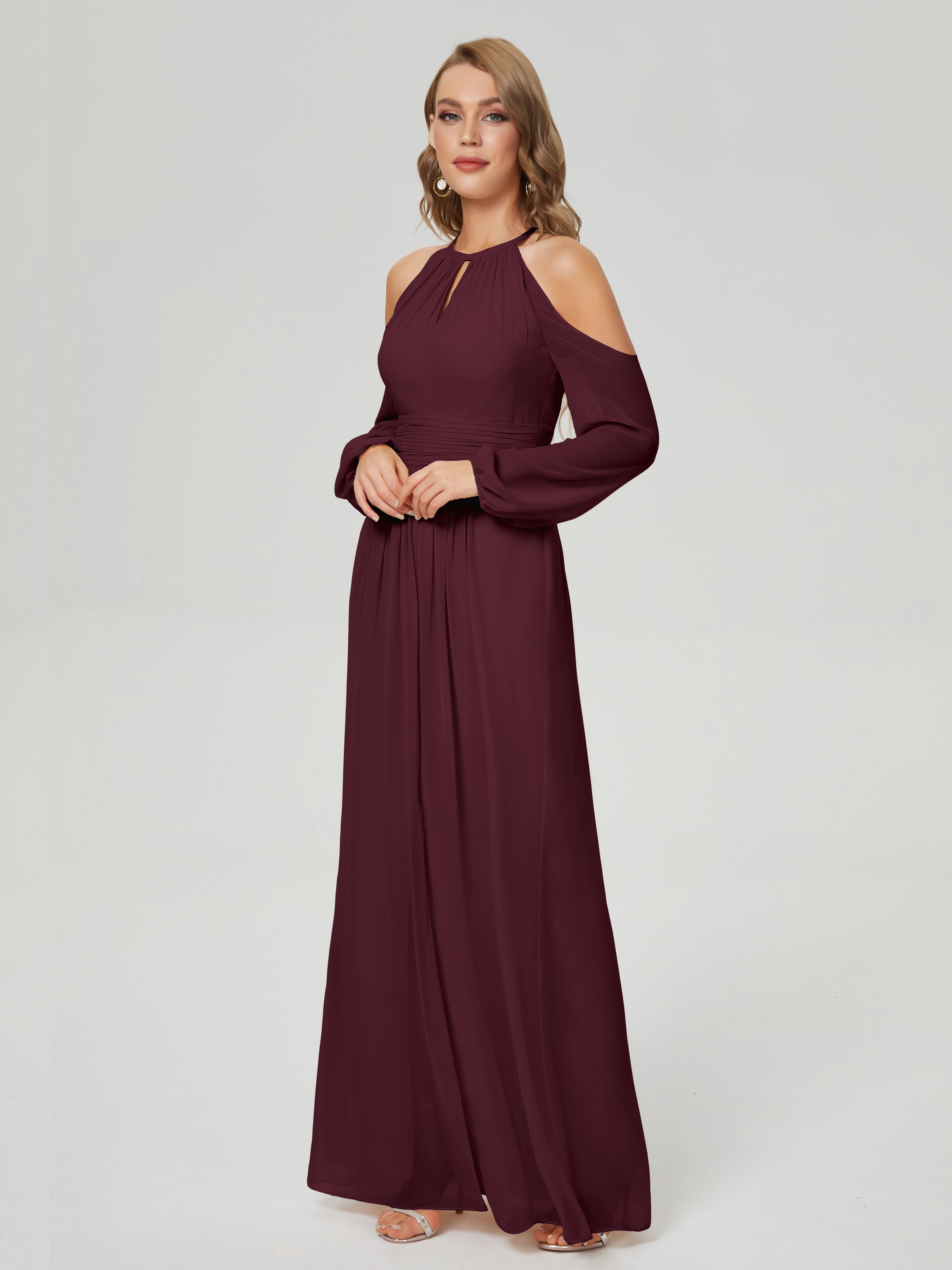 Phoebe Long Sleeves Column Chiffon Bridesmaid Dress