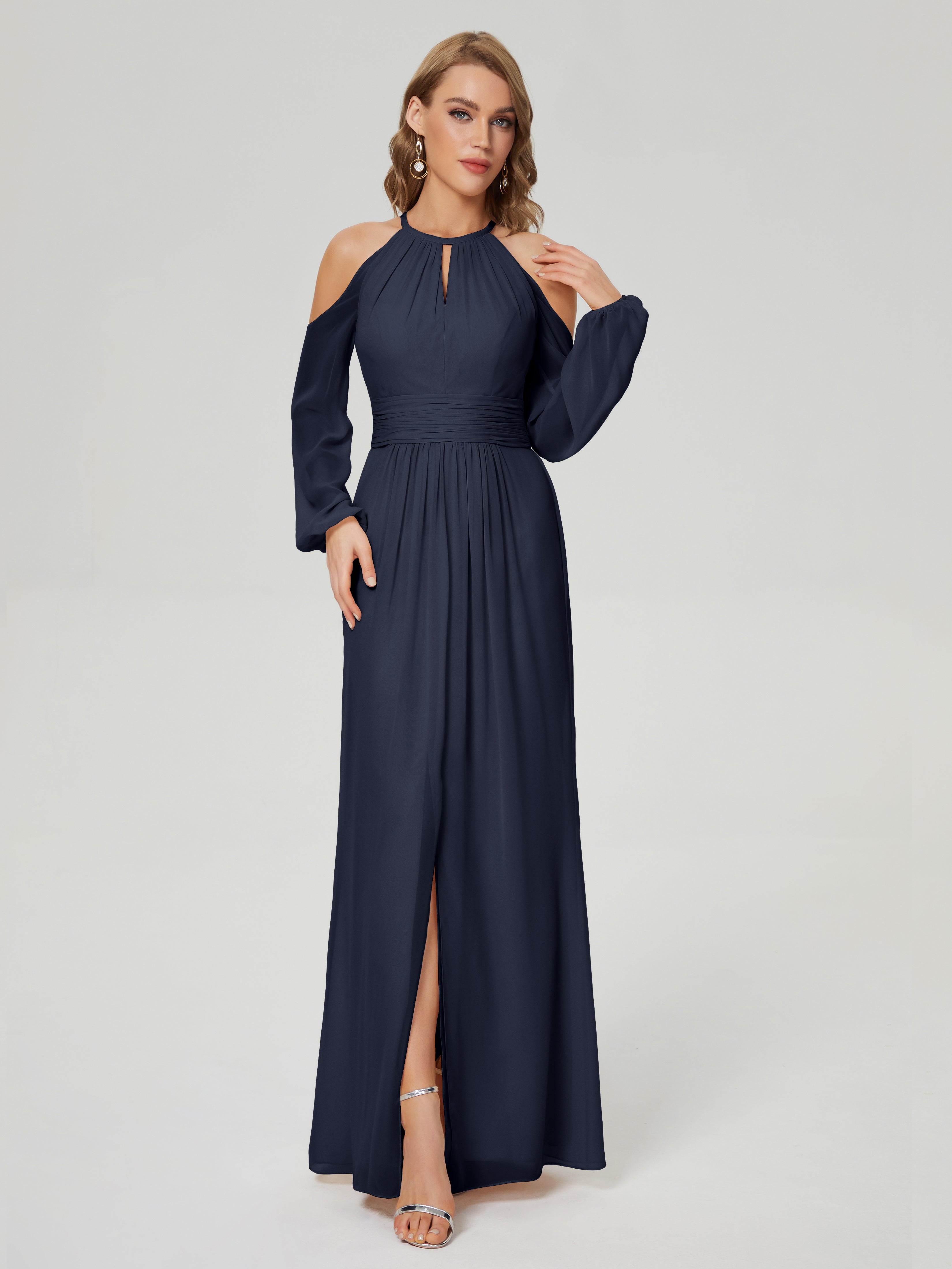 Phoebe Long Sleeves Column Chiffon Bridesmaid Dress