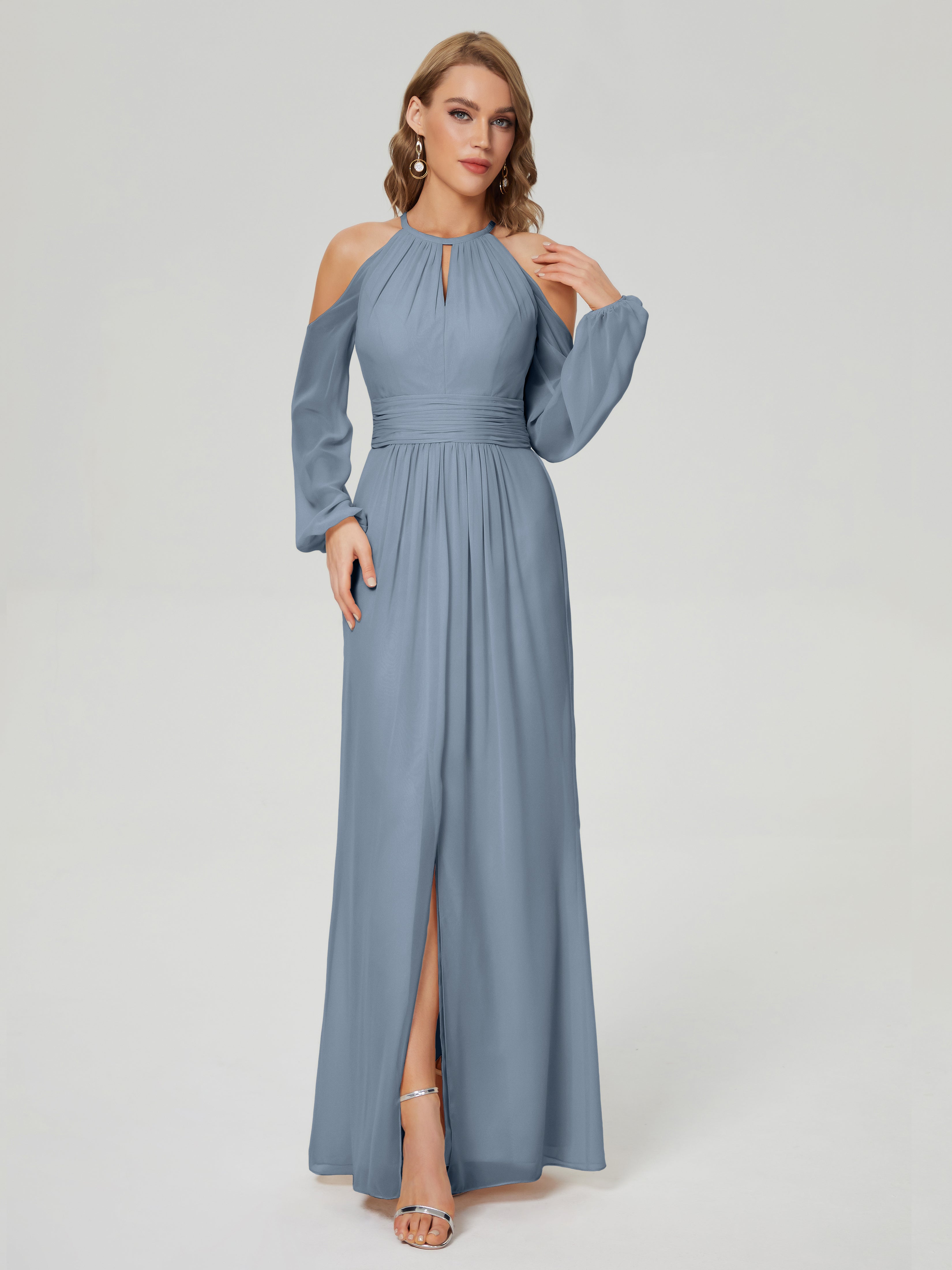 Phoebe Long Sleeves Column Chiffon Bridesmaid Dress