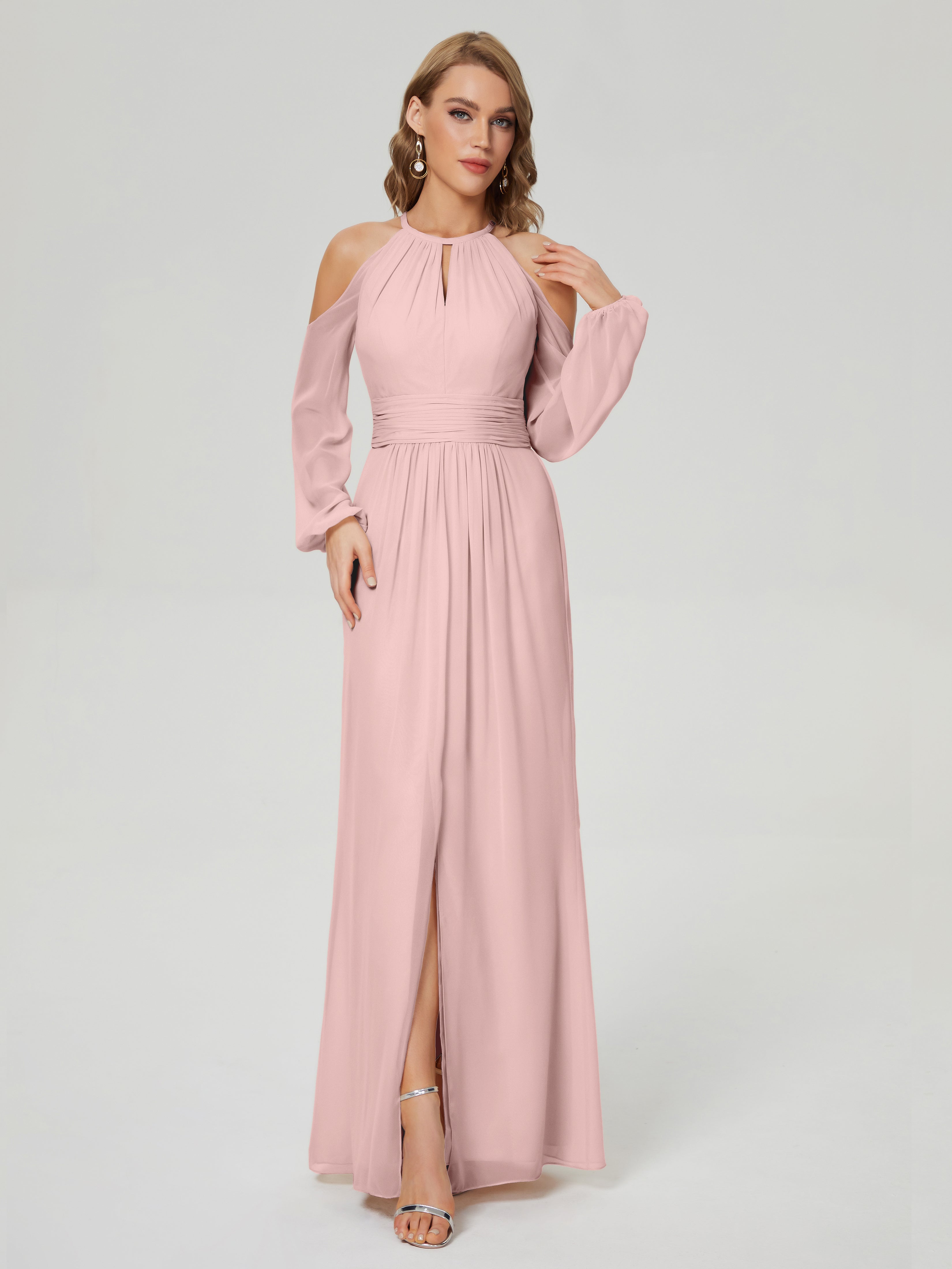 Phoebe Long Sleeves Column Chiffon Bridesmaid Dress