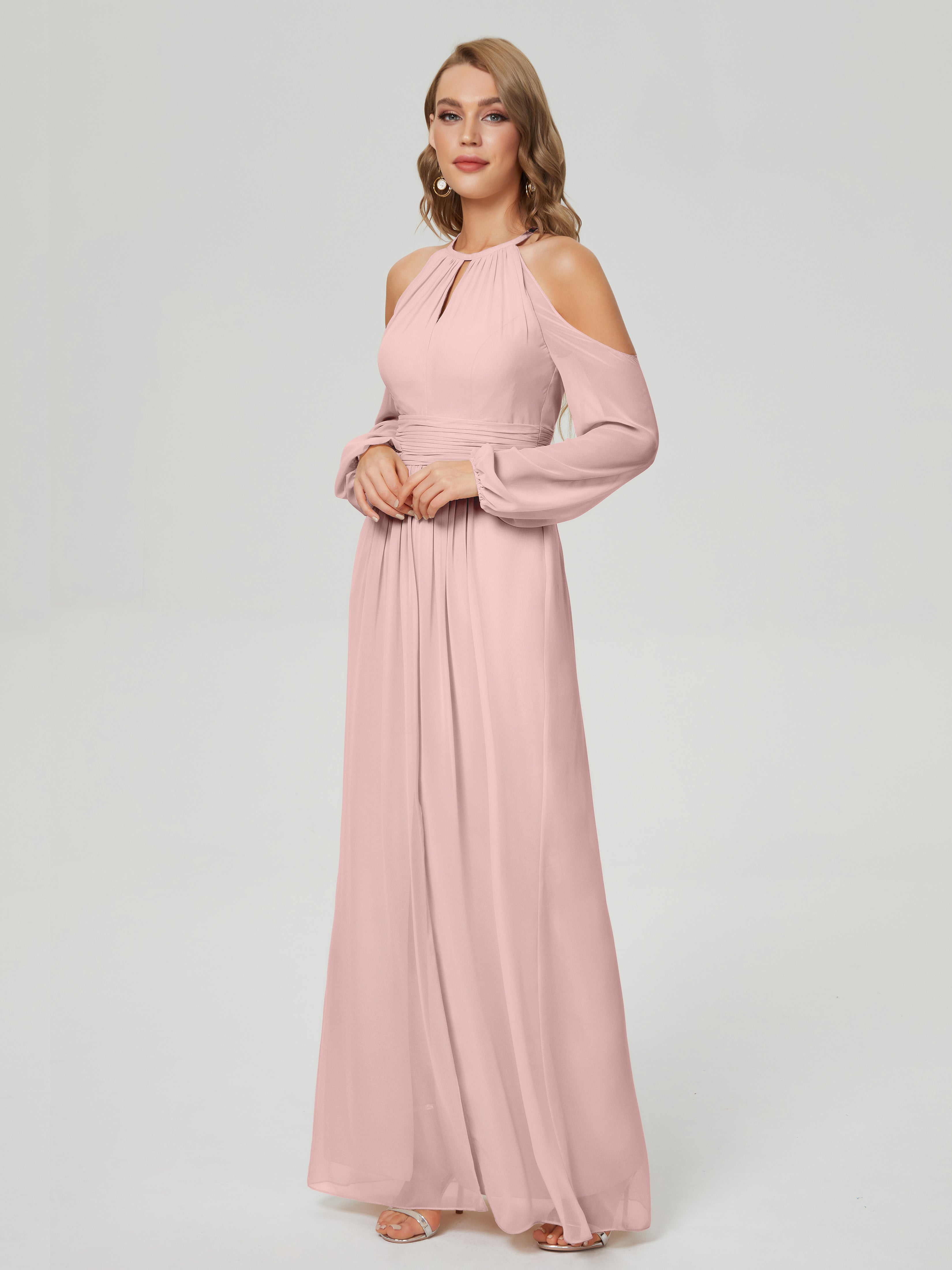 Phoebe Long Sleeves Column Chiffon Bridesmaid Dress
