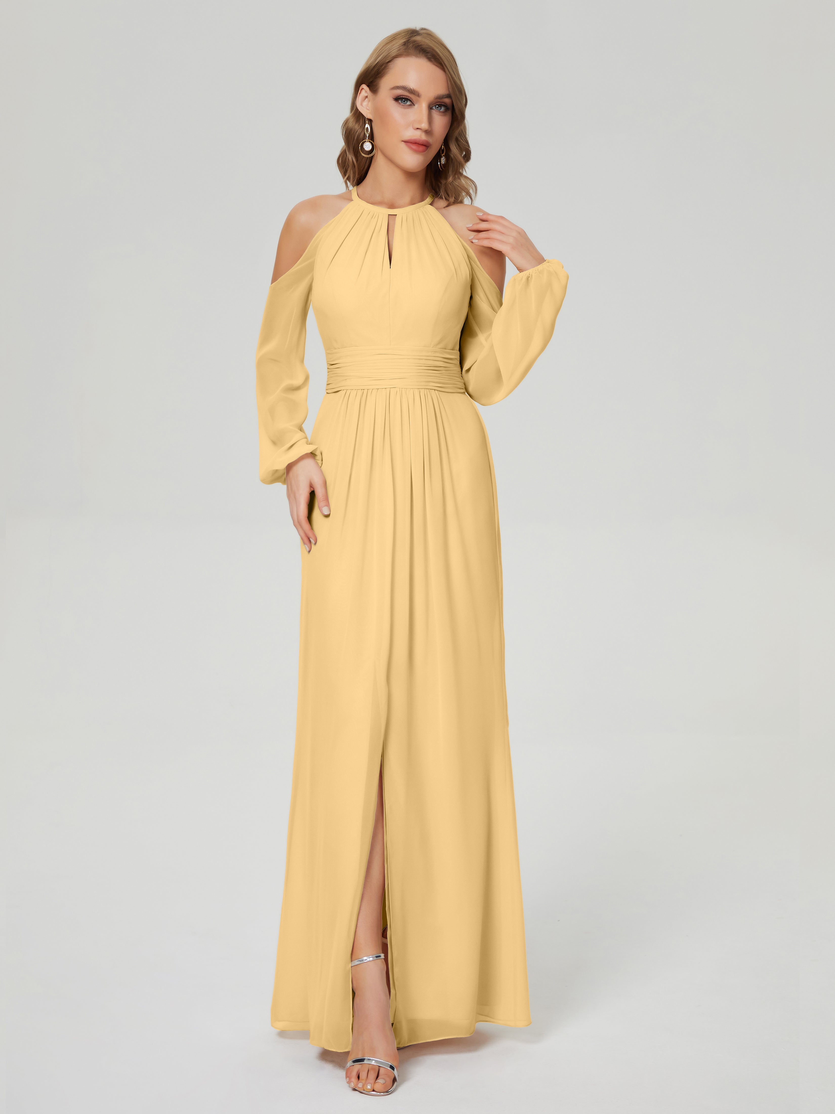 Phoebe Long Sleeves Column Chiffon Bridesmaid Dress