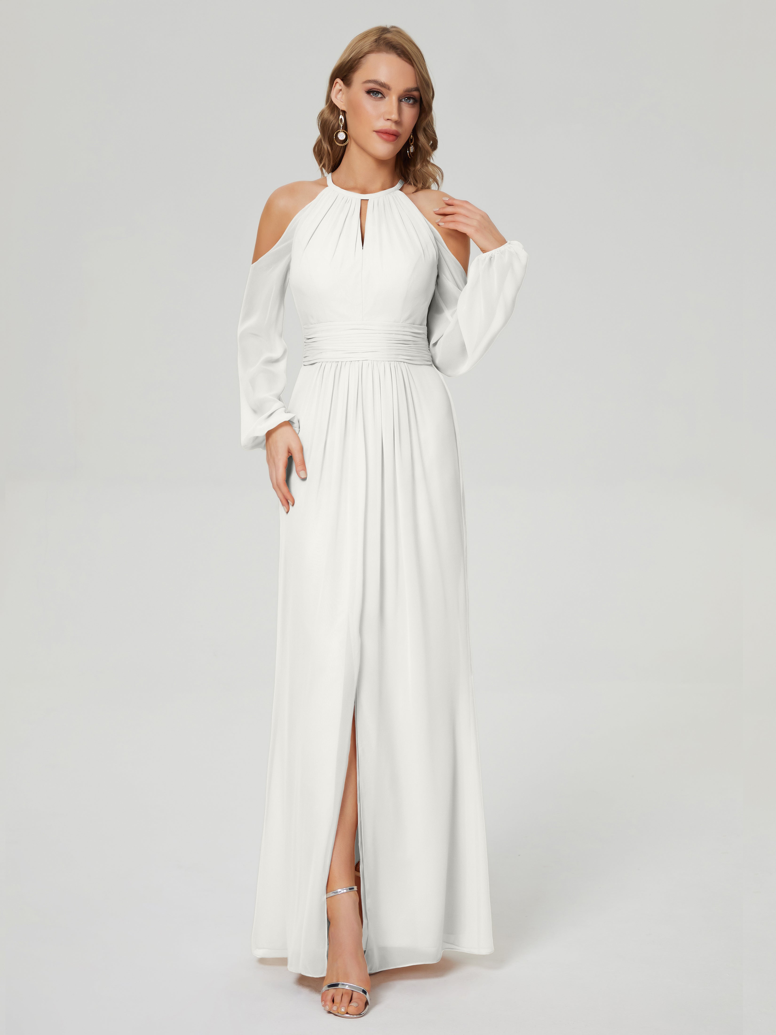 Phoebe Long Sleeves Column Chiffon Bridesmaid Dress