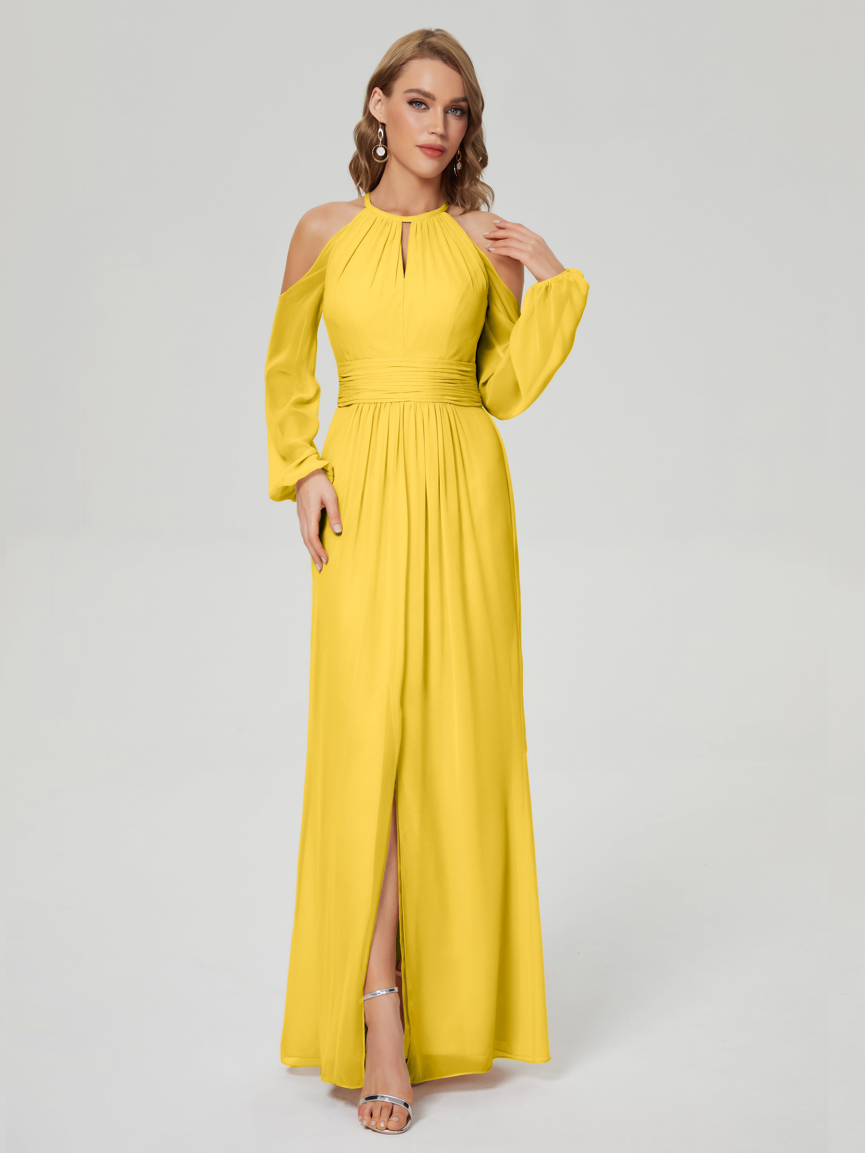 Phoebe Long Sleeves Column Chiffon Bridesmaid Dress