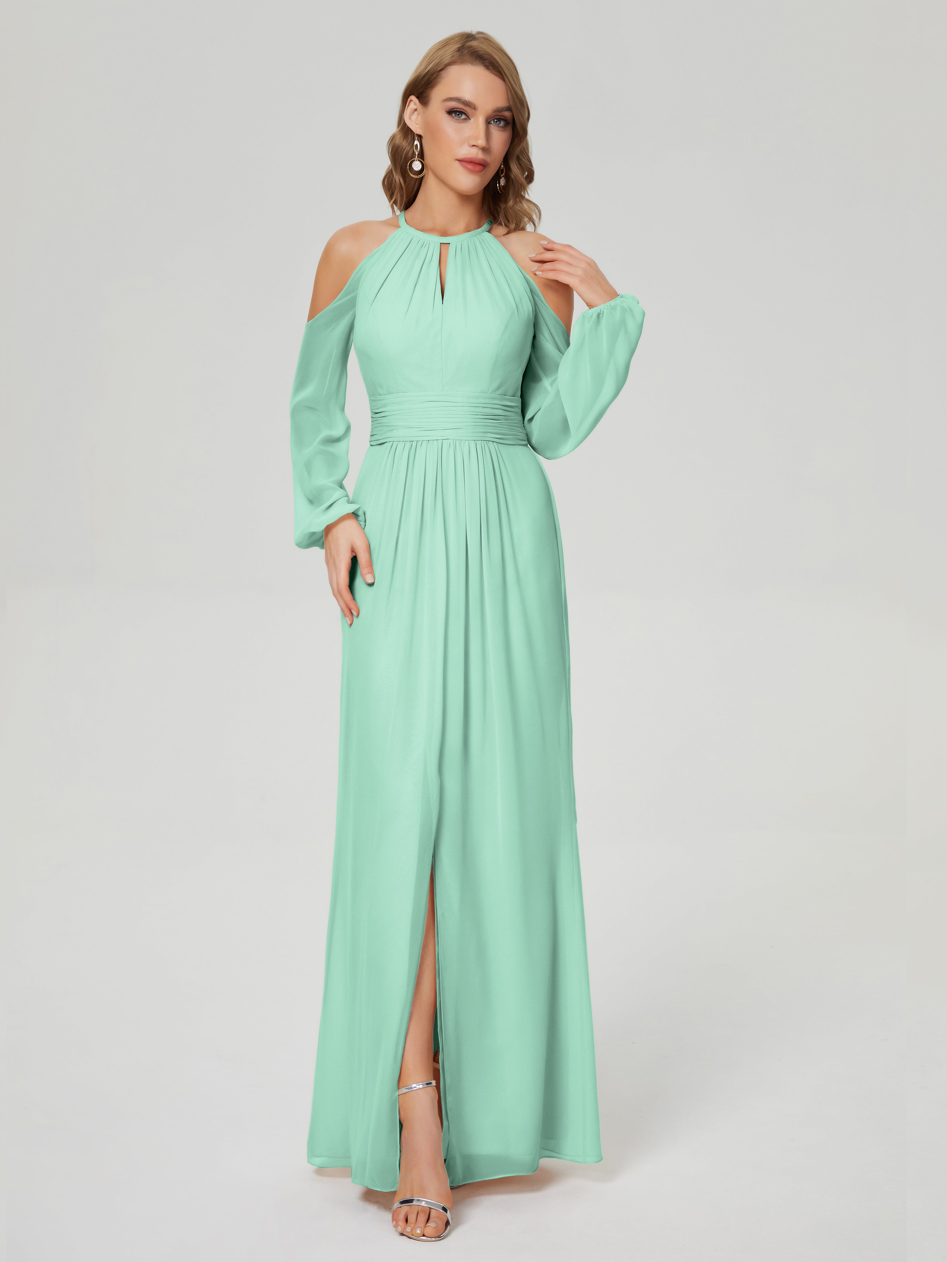 Phoebe Long Sleeves Column Chiffon Bridesmaid Dress