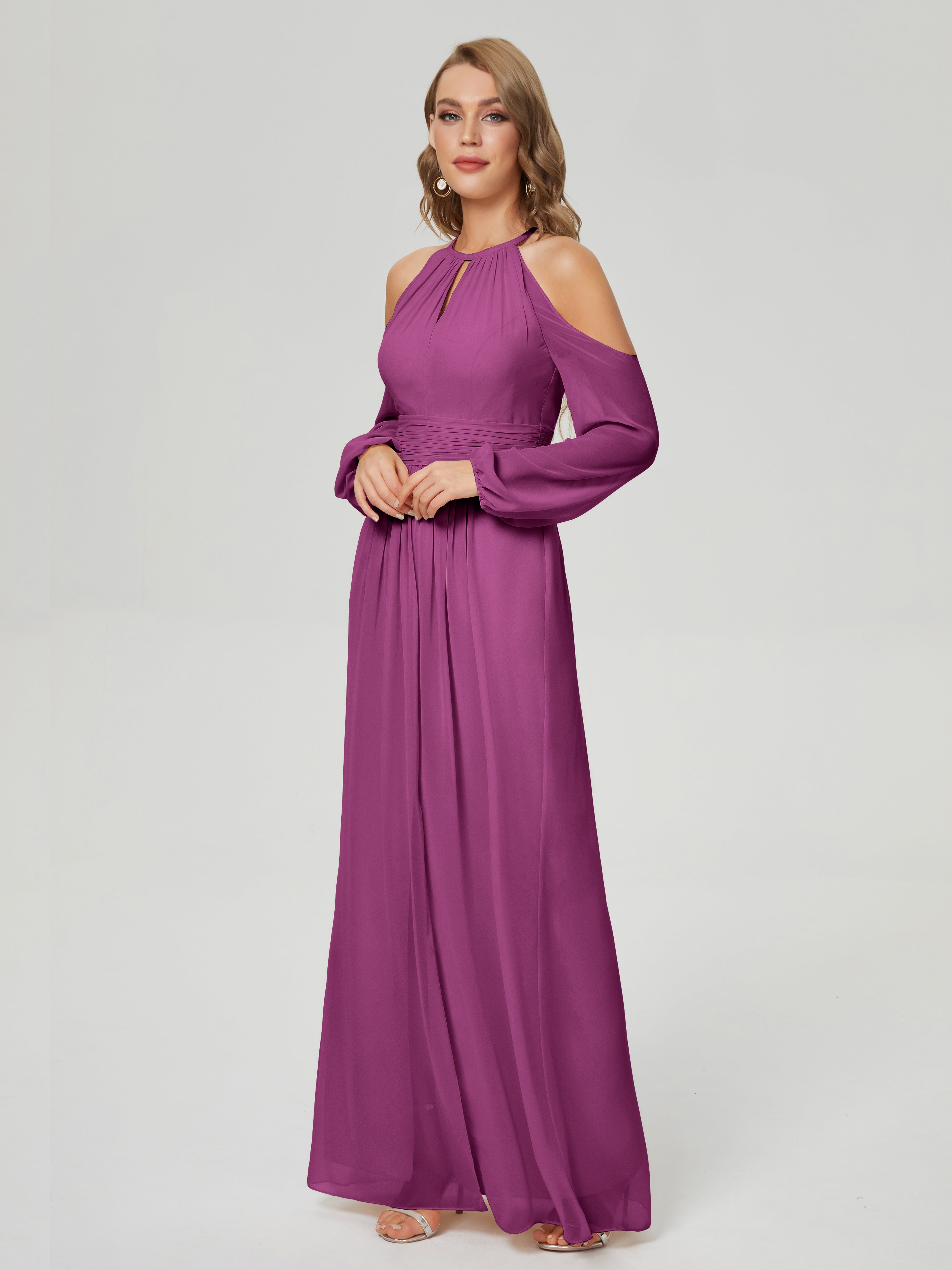 Phoebe Long Sleeves Column Chiffon Bridesmaid Dress