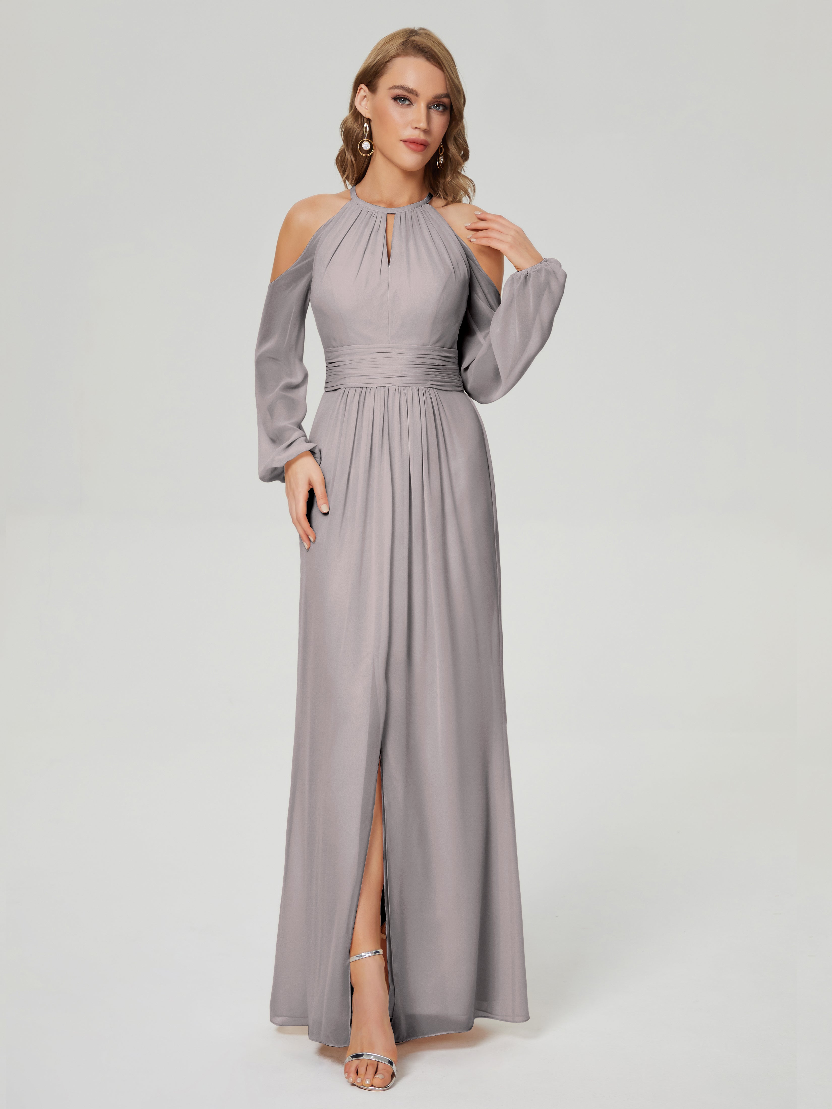 Phoebe Long Sleeves Column Chiffon Bridesmaid Dress
