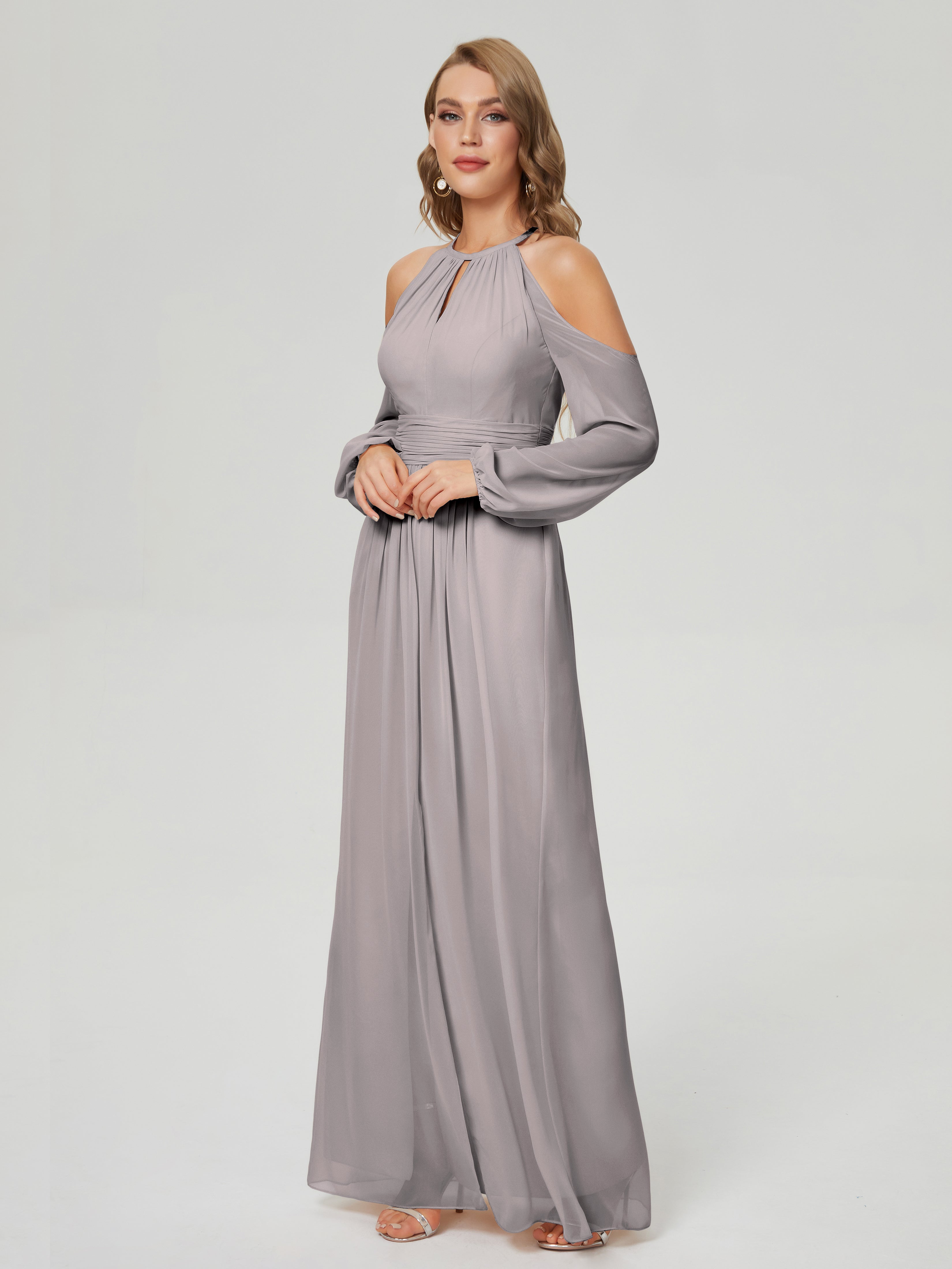 Phoebe Long Sleeves Column Chiffon Bridesmaid Dress