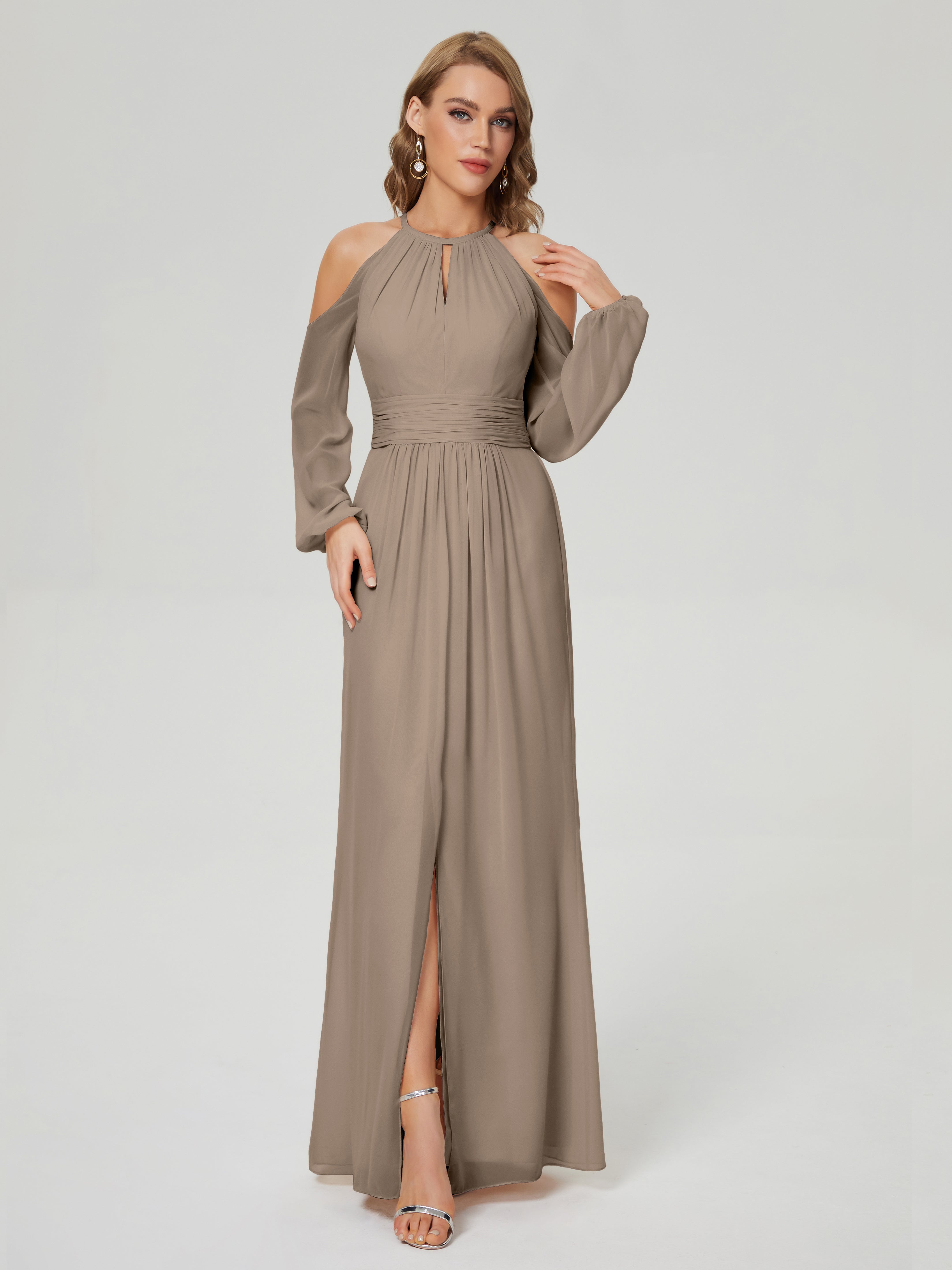 Phoebe Long Sleeves Column Chiffon Bridesmaid Dress
