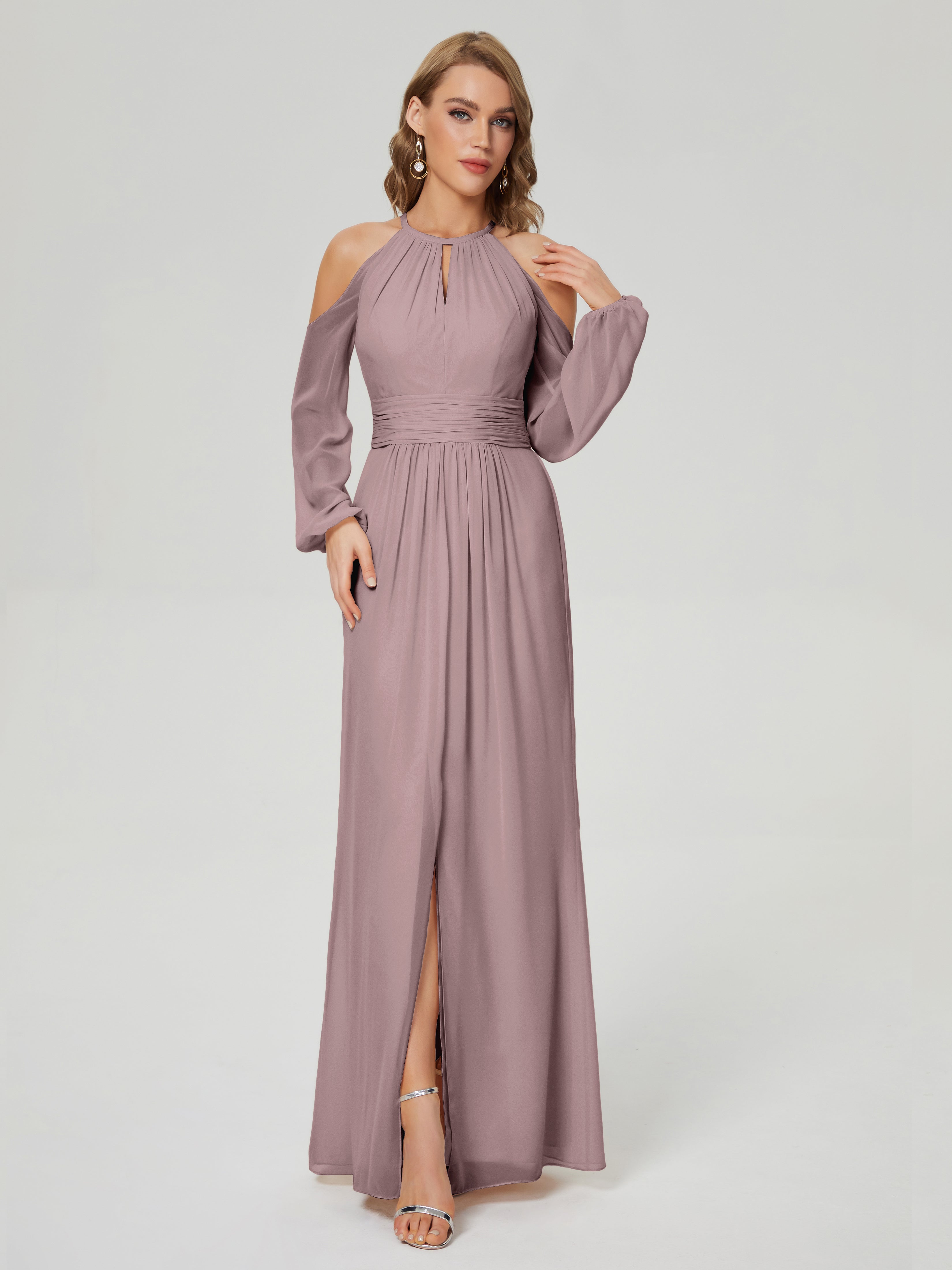 Phoebe Long Sleeves Column Chiffon Bridesmaid Dress