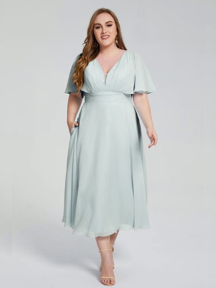 Lucia V-neck Plus Size Bridesmaid Dresses with Sleeves