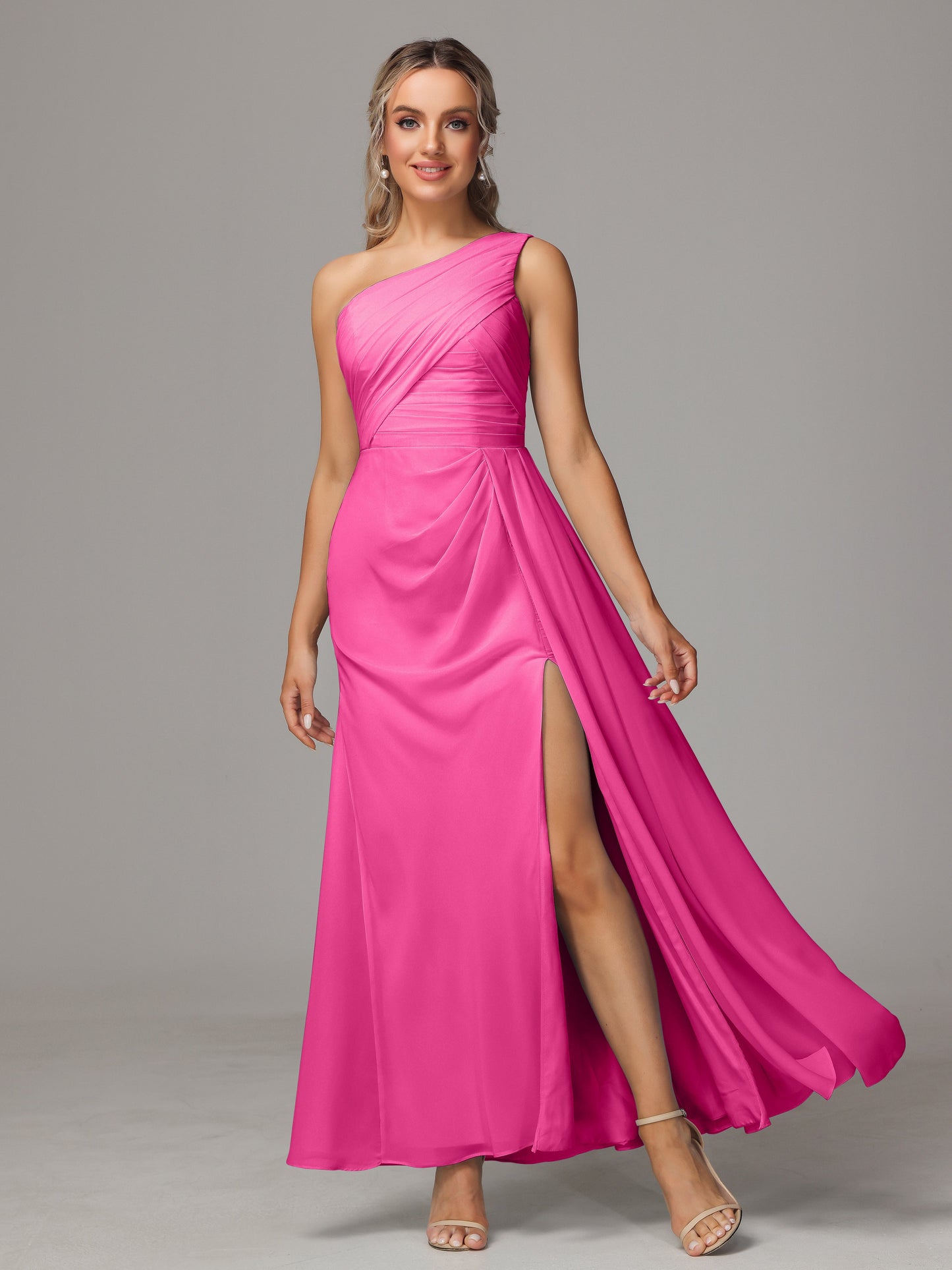 One Shoulder Floor Length Chiffon Bridesmaid Dress