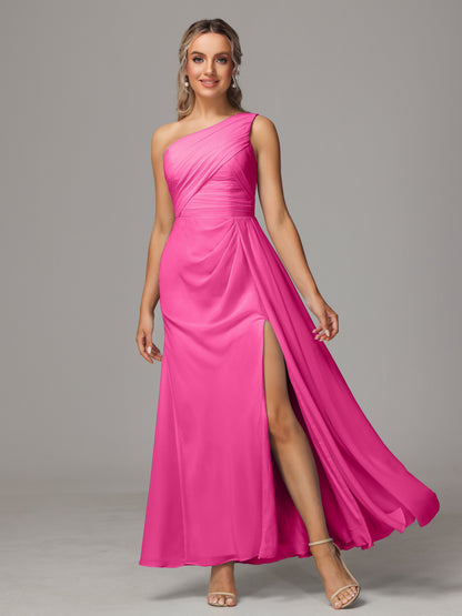 One Shoulder Floor Length Chiffon Bridesmaid Dress
