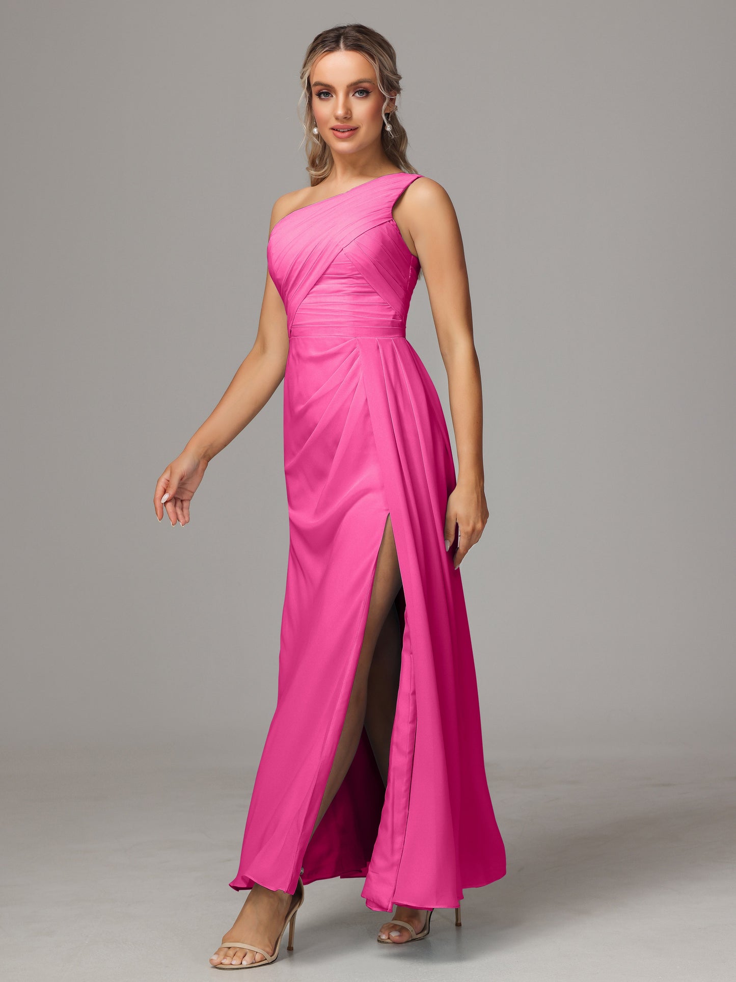 One Shoulder Floor Length Chiffon Bridesmaid Dress