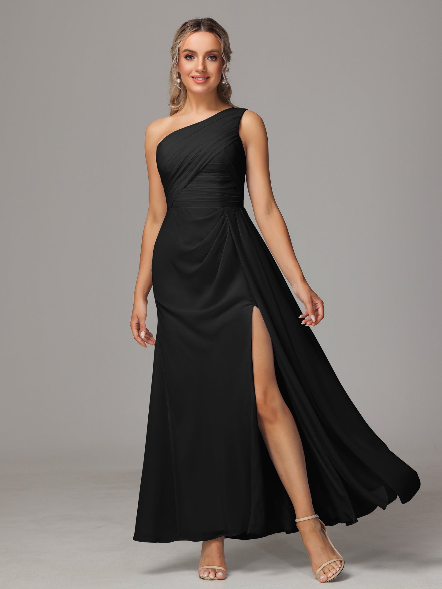 One Shoulder Floor Length Chiffon Bridesmaid Dress