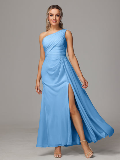 One Shoulder Floor Length Chiffon Bridesmaid Dress