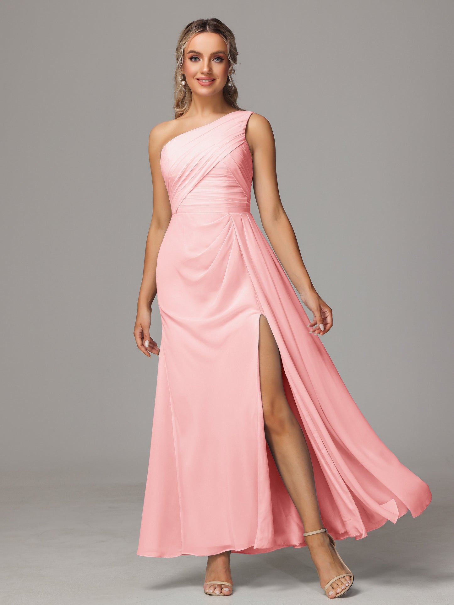 One Shoulder Floor Length Chiffon Bridesmaid Dress