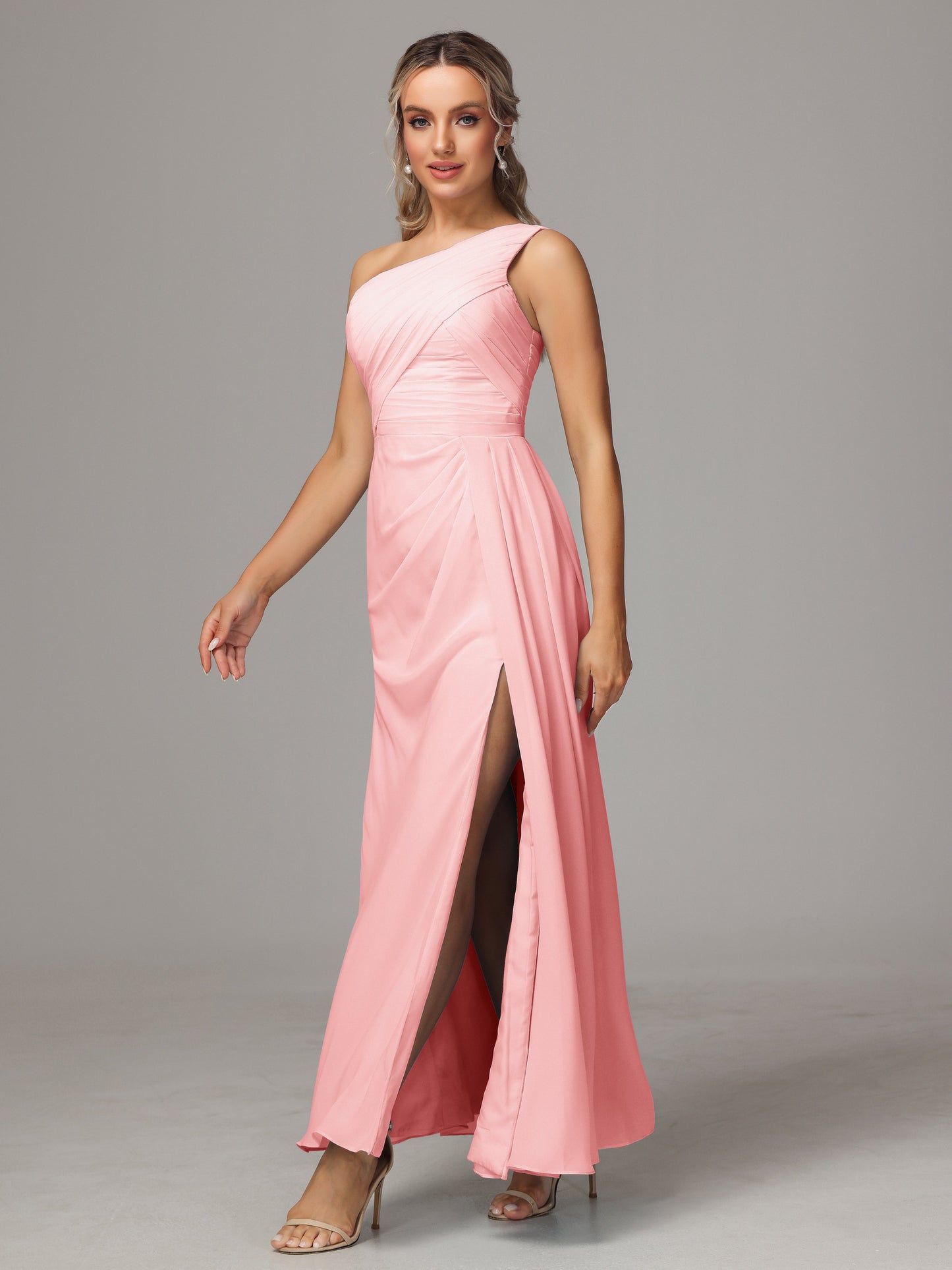 One Shoulder Floor Length Chiffon Bridesmaid Dress