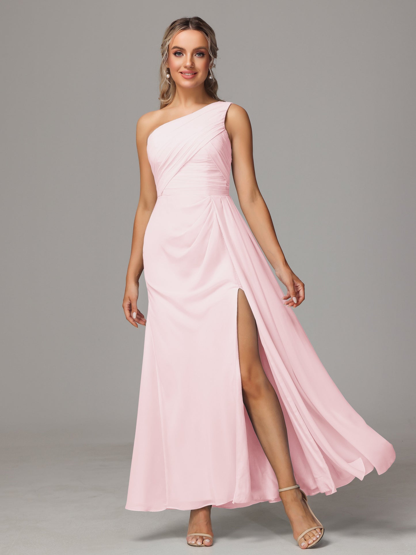 One Shoulder Floor Length Chiffon Bridesmaid Dress