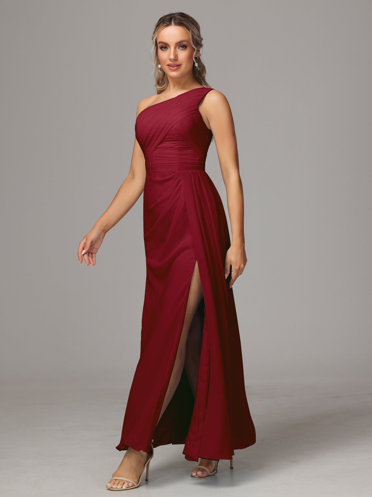 One Shoulder Floor Length Chiffon Bridesmaid Dress