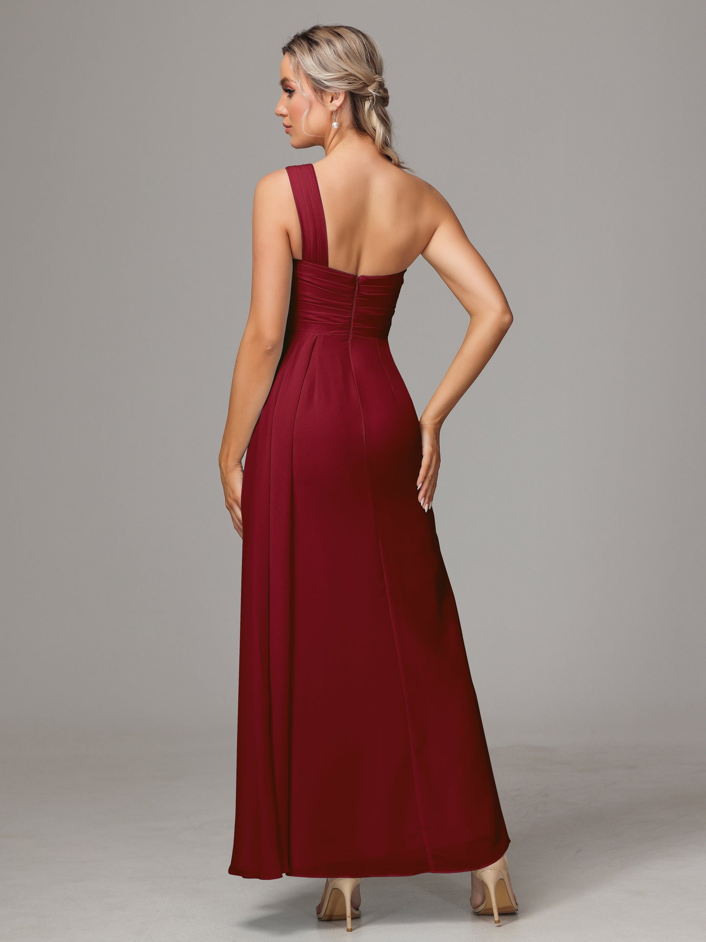 One Shoulder Floor Length Chiffon Bridesmaid Dress