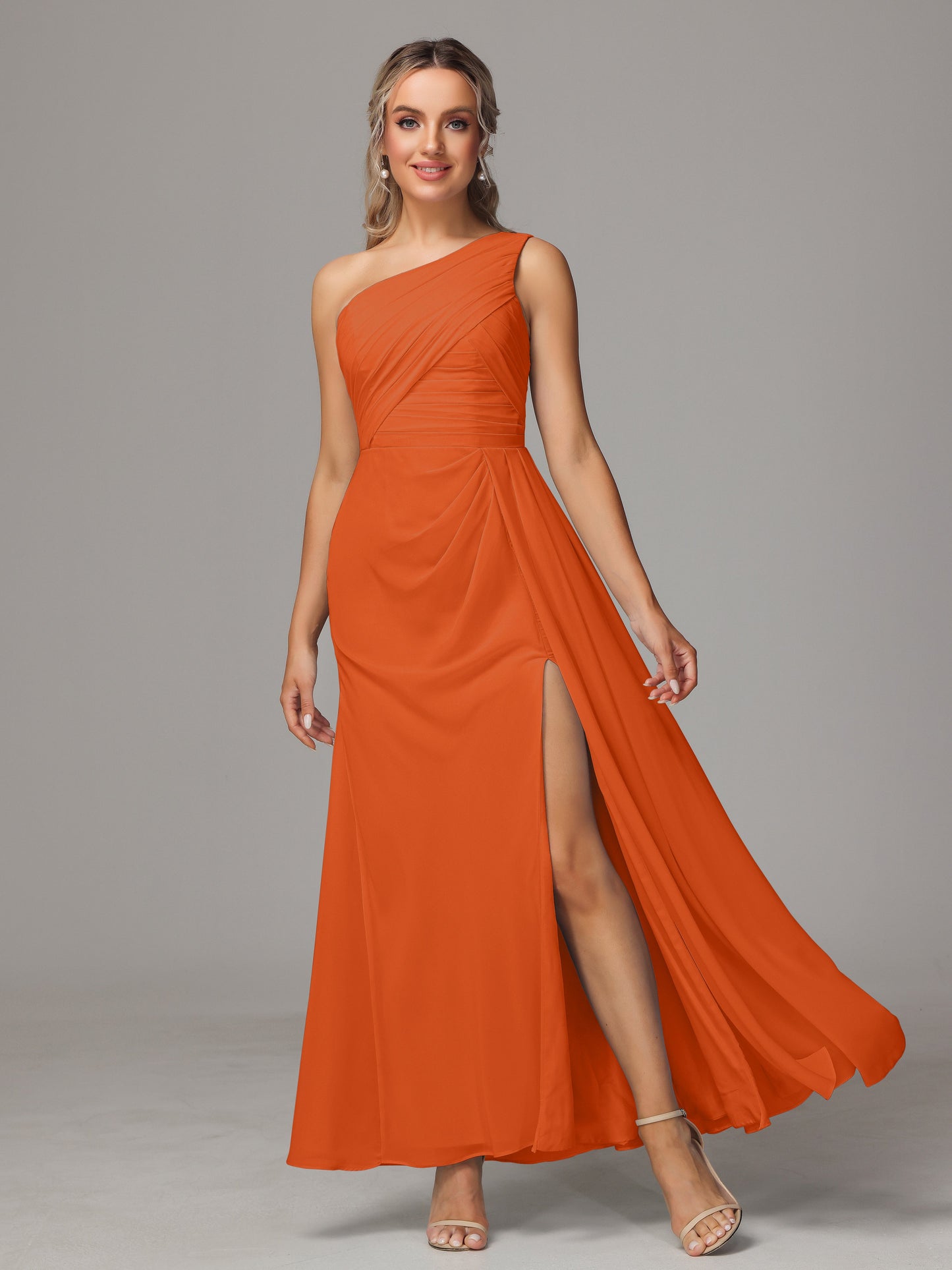 One Shoulder Floor Length Chiffon Bridesmaid Dress