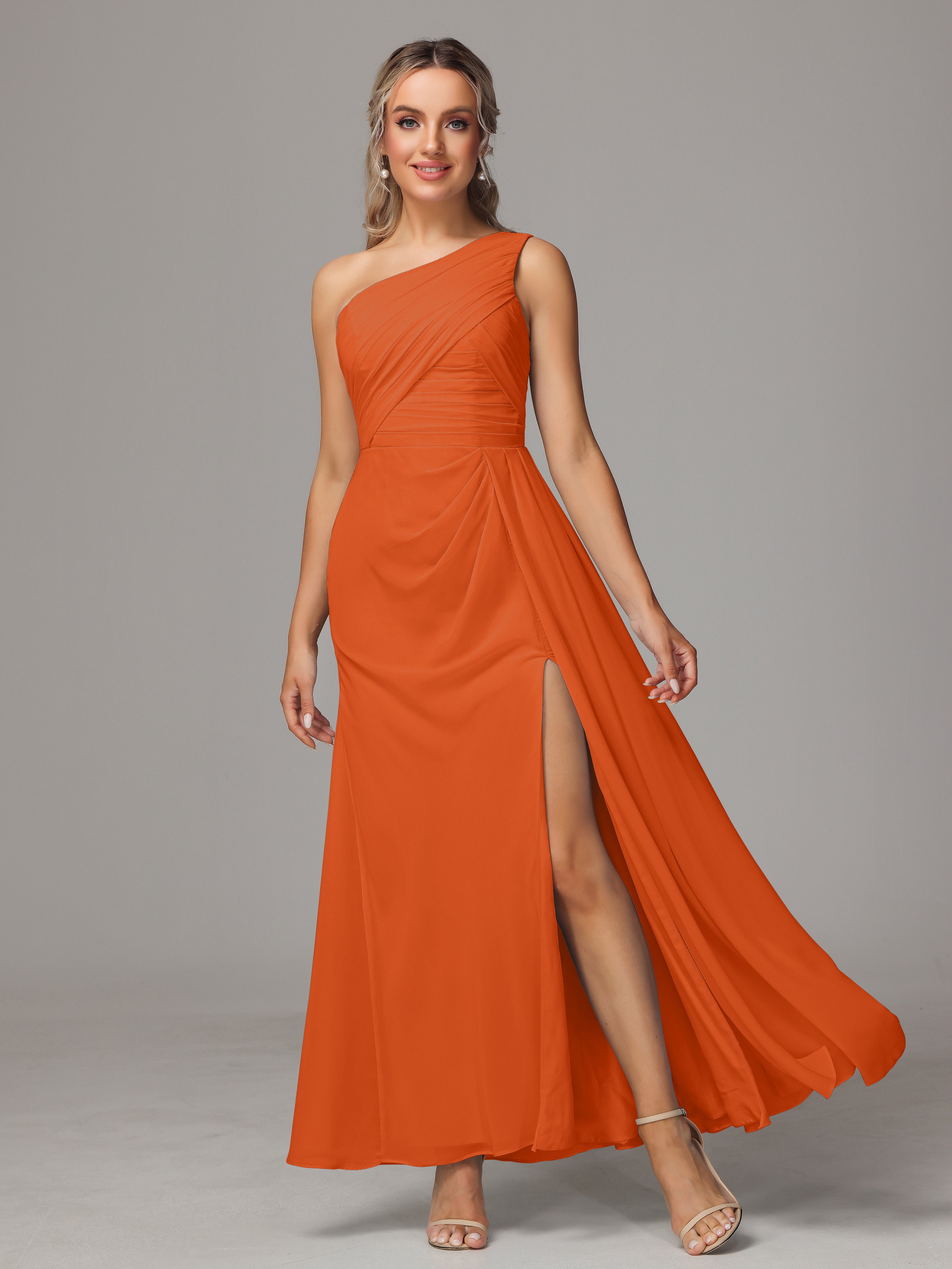 One Shoulder Floor Length Chiffon Bridesmaid Dress