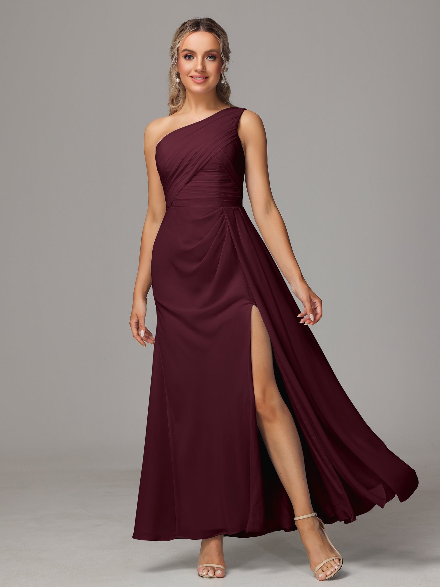 One Shoulder Floor Length Chiffon Bridesmaid Dress